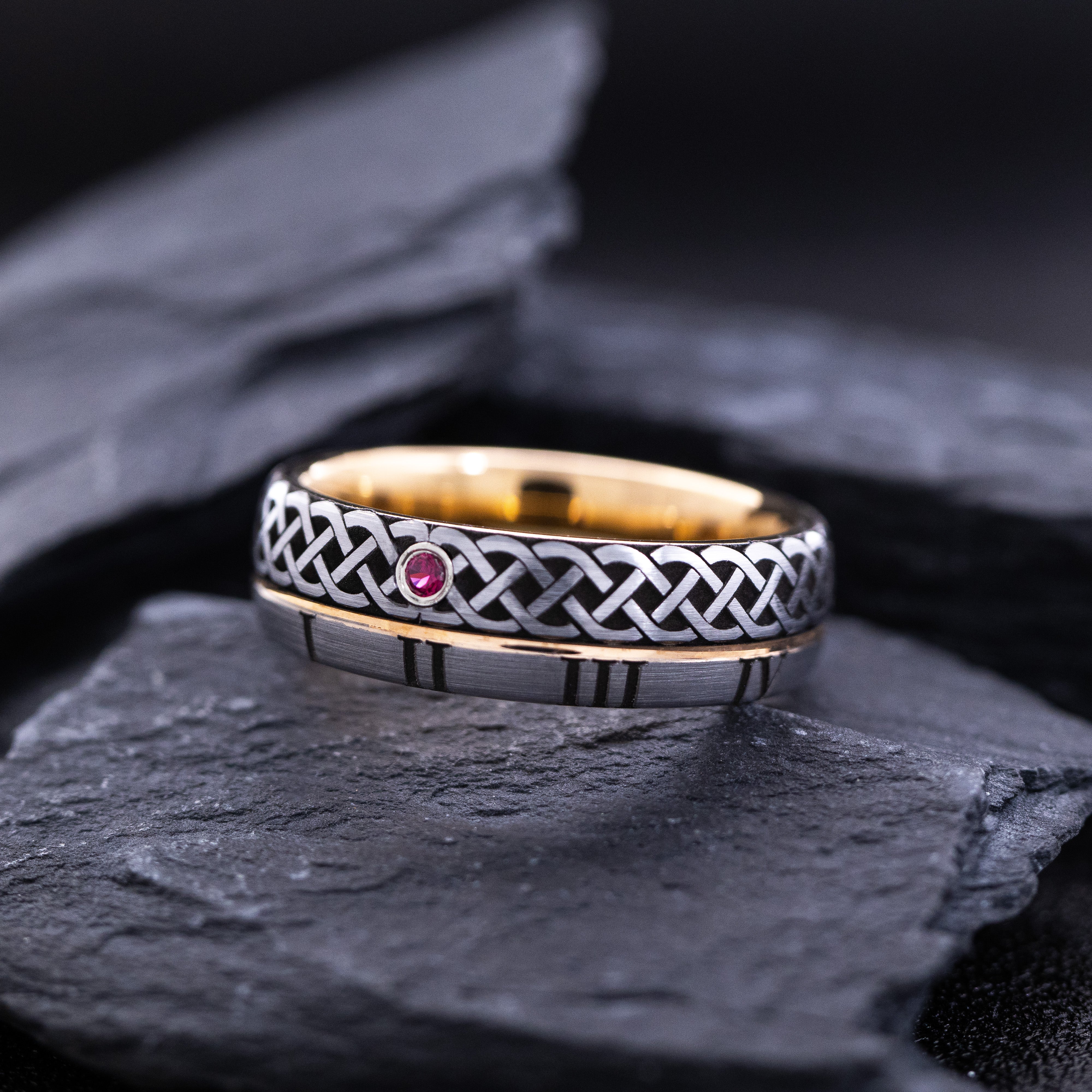 Rose Gold Plated 7mm Tungsten Carbide Ring With Round Cut Gemstone, Roman Numerals, and Celtic Knot Engravings
