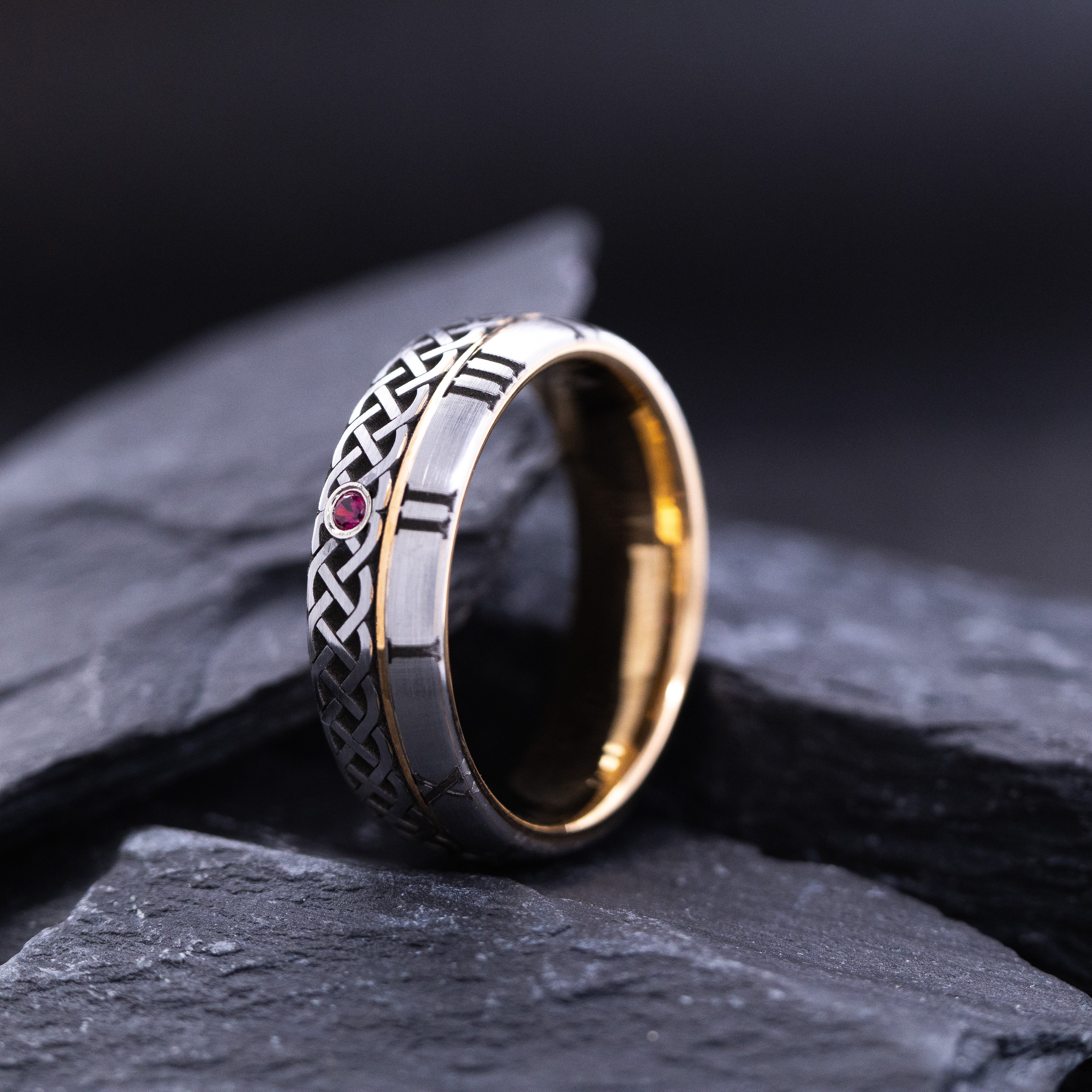 Rose Gold Plated 7mm Tungsten Carbide Ring With Round Cut Gemstone, Roman Numerals, and Celtic Knot Engravings