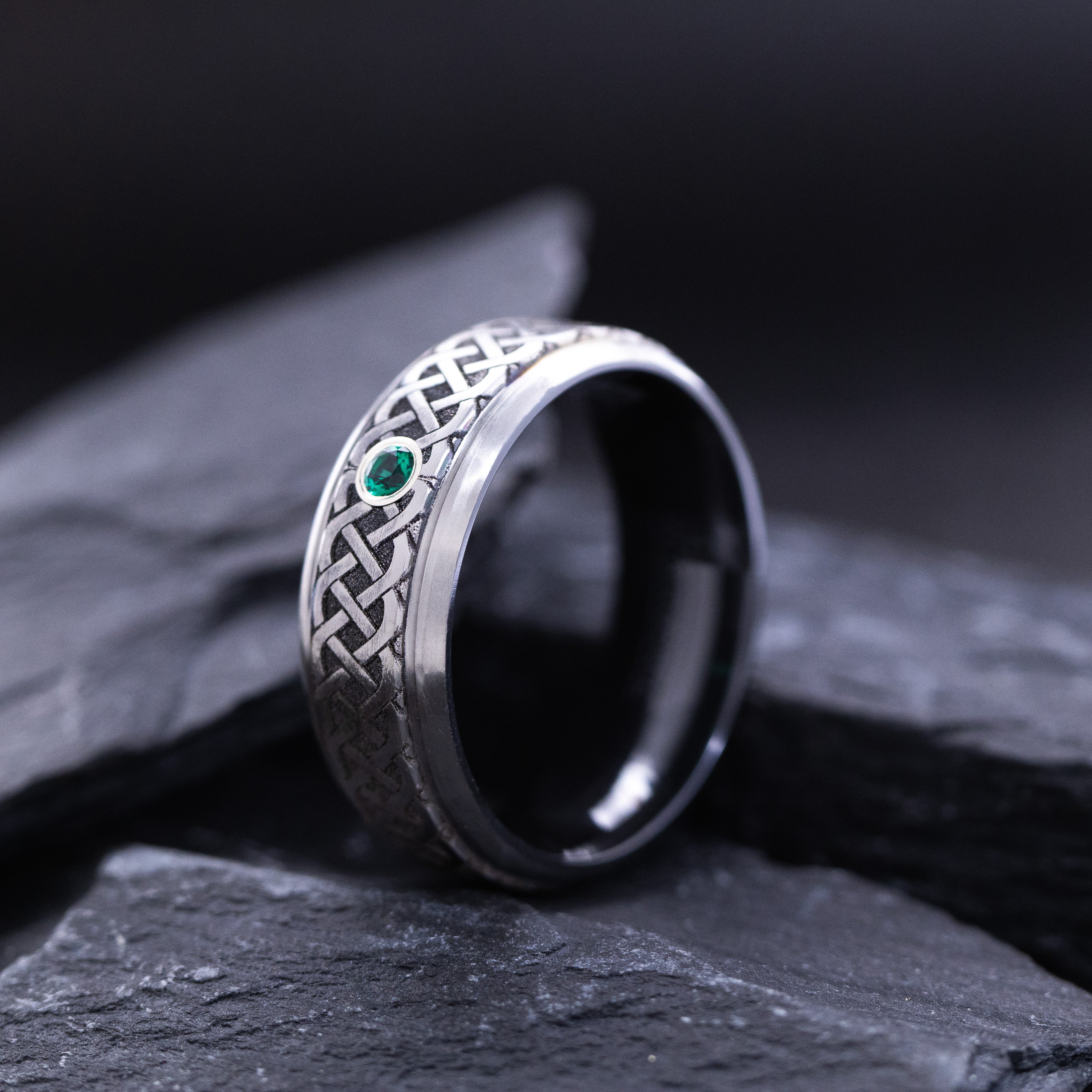 8mm Black Zirconium Ring with Round Cut Birthstone and Deep Engraved Silver Celtic Knotwork