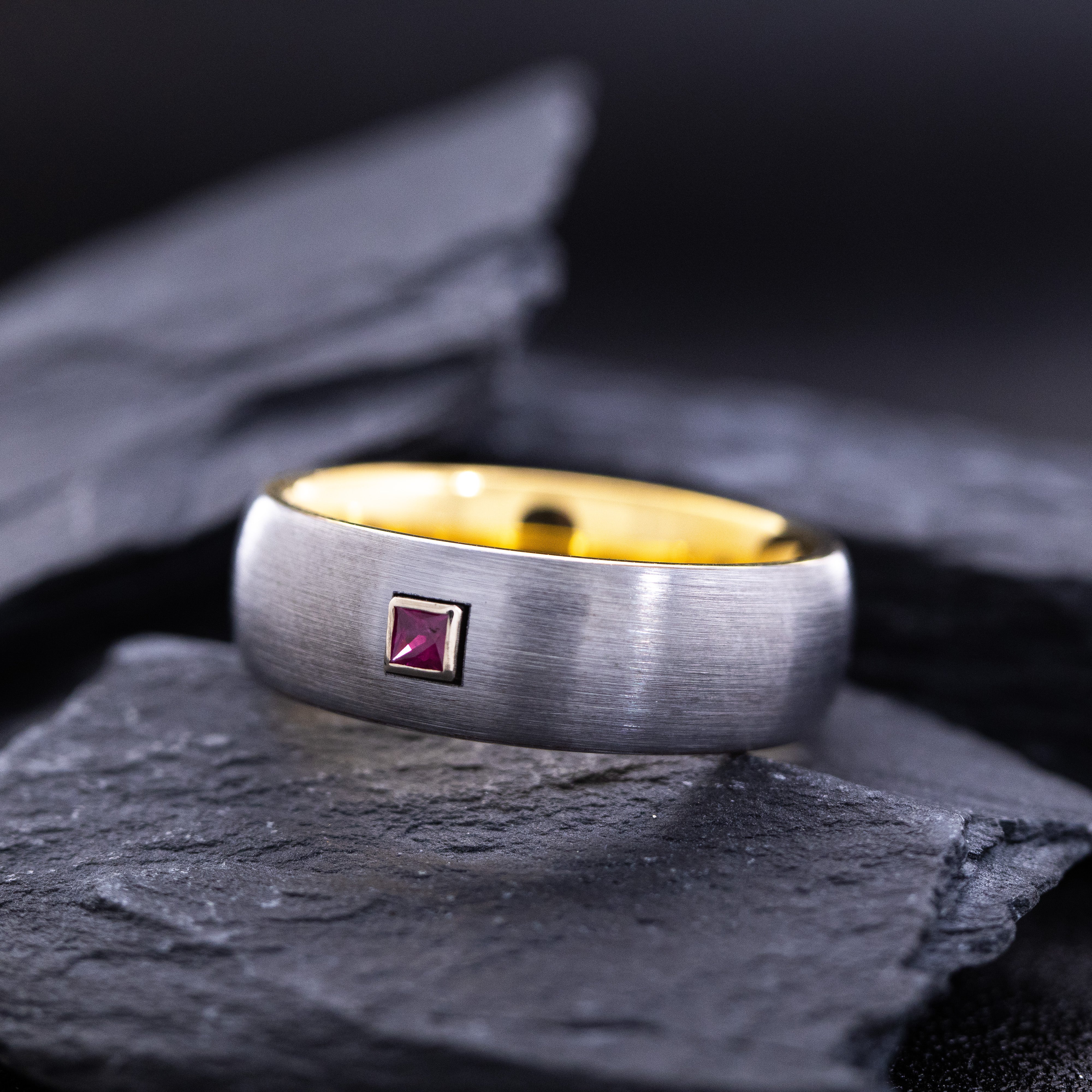8mm Yellow Gold Plated and Silver Tungsten Carbide Ring with Princess Cut Birthstone