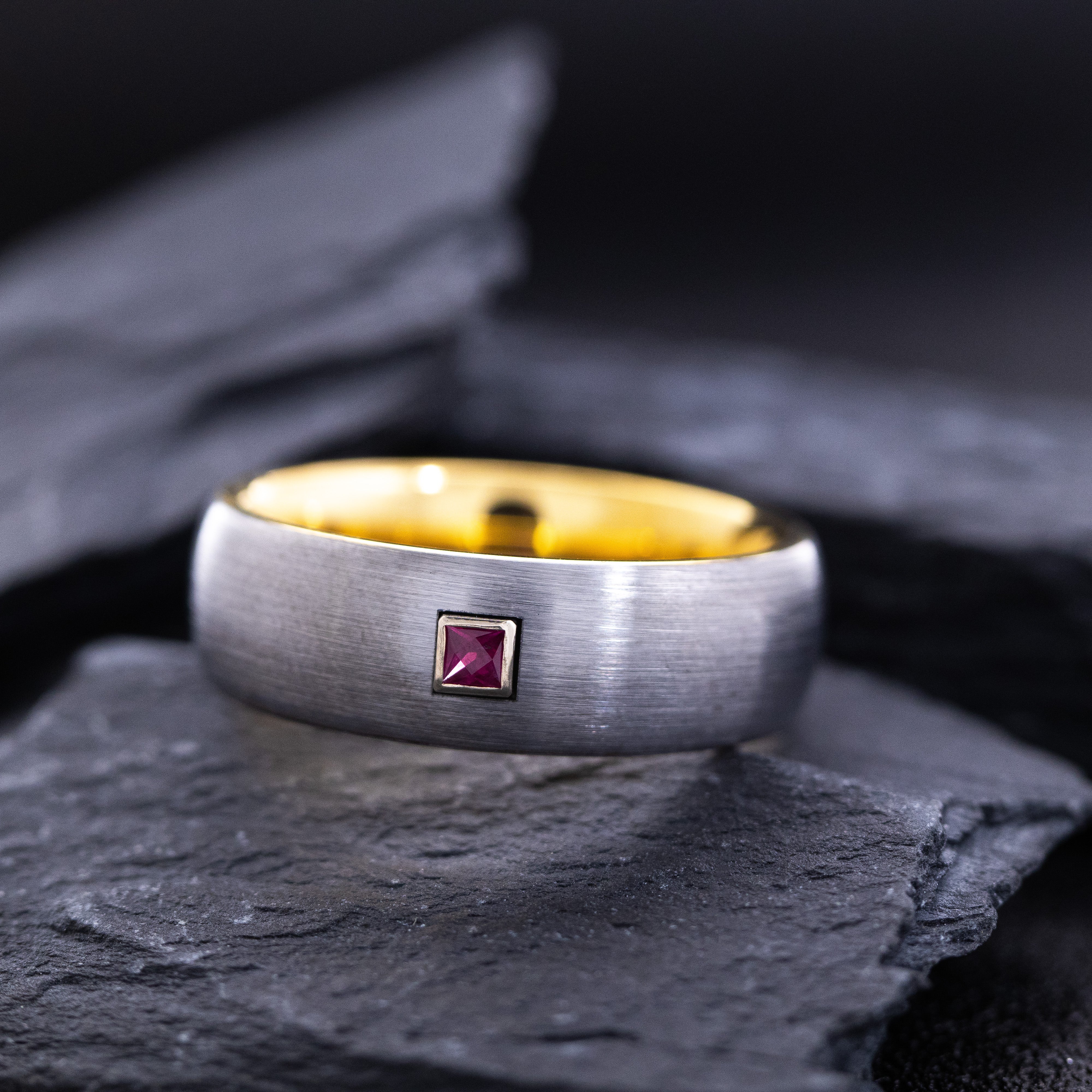 8mm Yellow Gold Plated and Silver Tungsten Carbide Ring with Princess Cut Birthstone