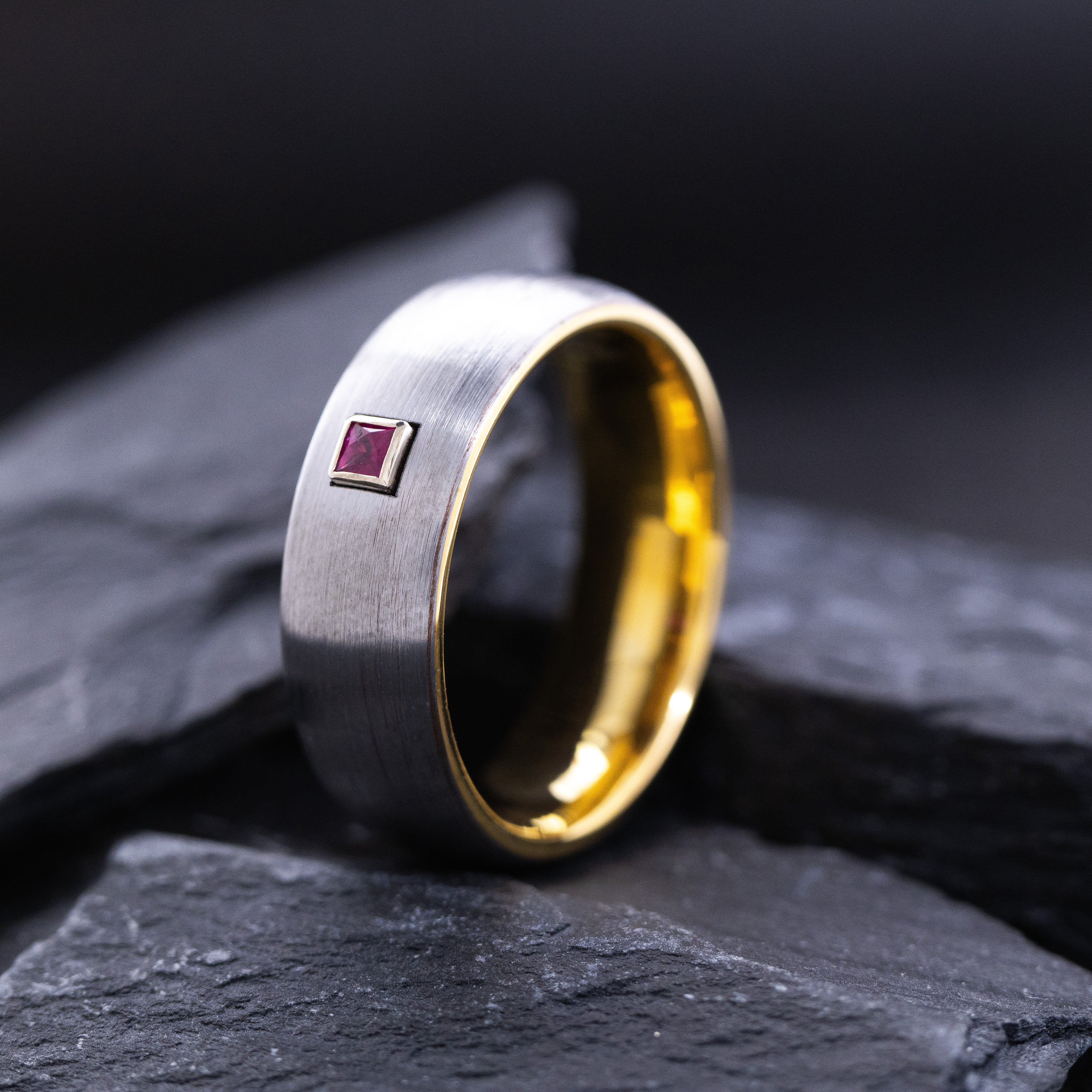 8mm Yellow Gold Plated and Silver Tungsten Carbide Ring with Princess Cut Birthstone