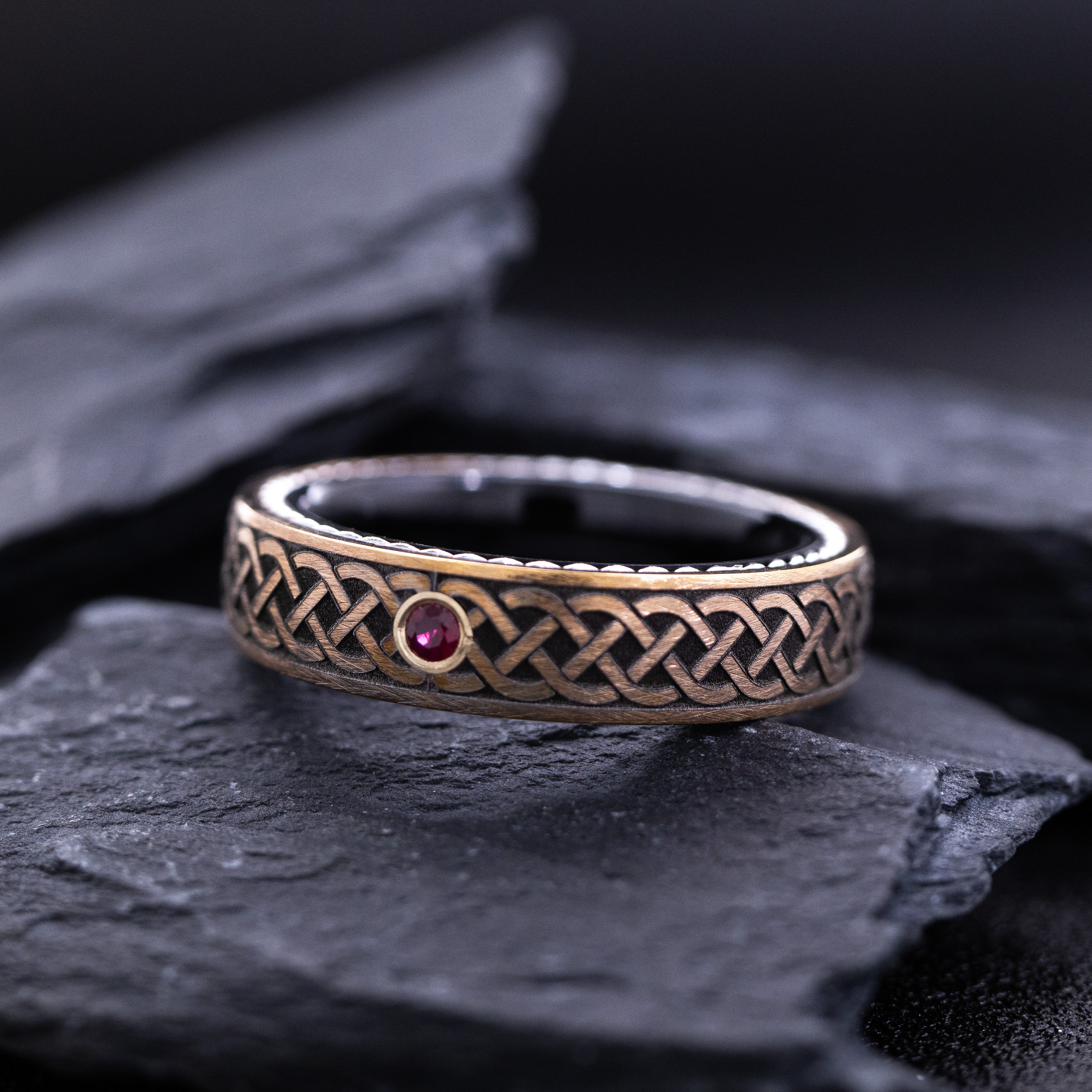 Rose Gold Plated 6mm Black Tungsten Carbide Ring With Round Cut Gemstone, Braided Edges and Deep Celtic Engraving