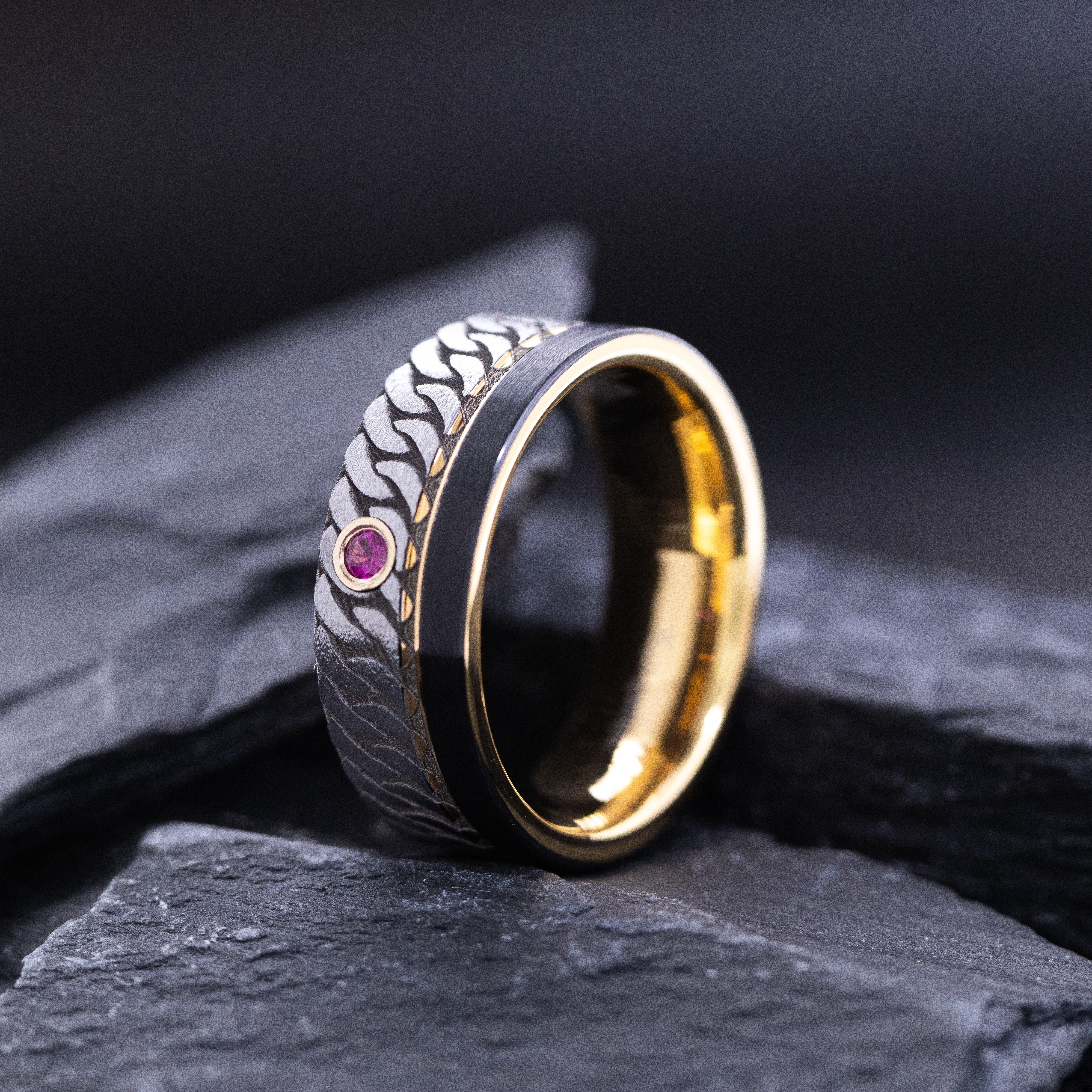 Rose Gold Plated 8mm Black Tungsten Carbide Ring with Engraved Celtic Knot and Birthstone