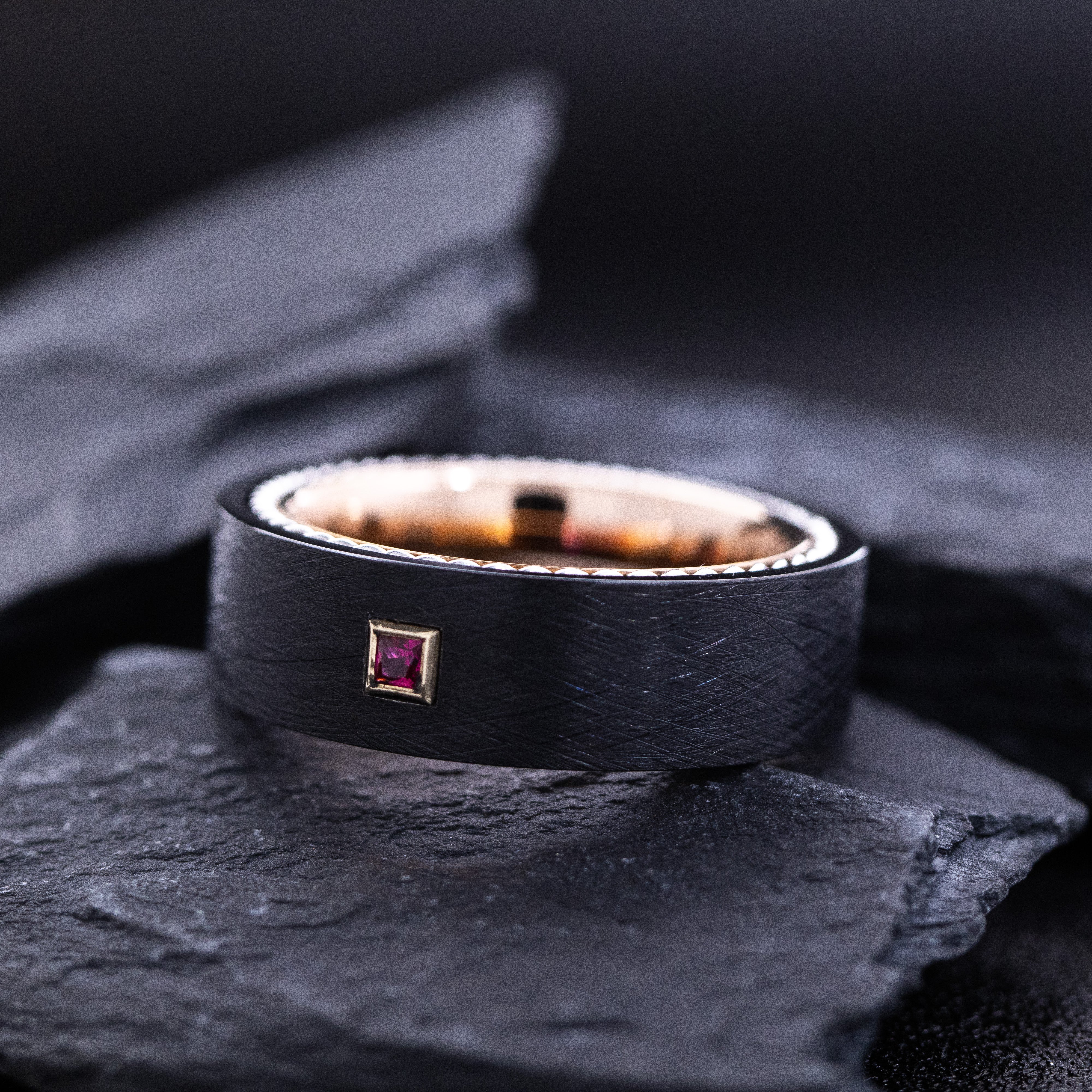 8mm Black and Rose Gold Tungsten Ring with Braided Rope and Princess Cut Birthstone