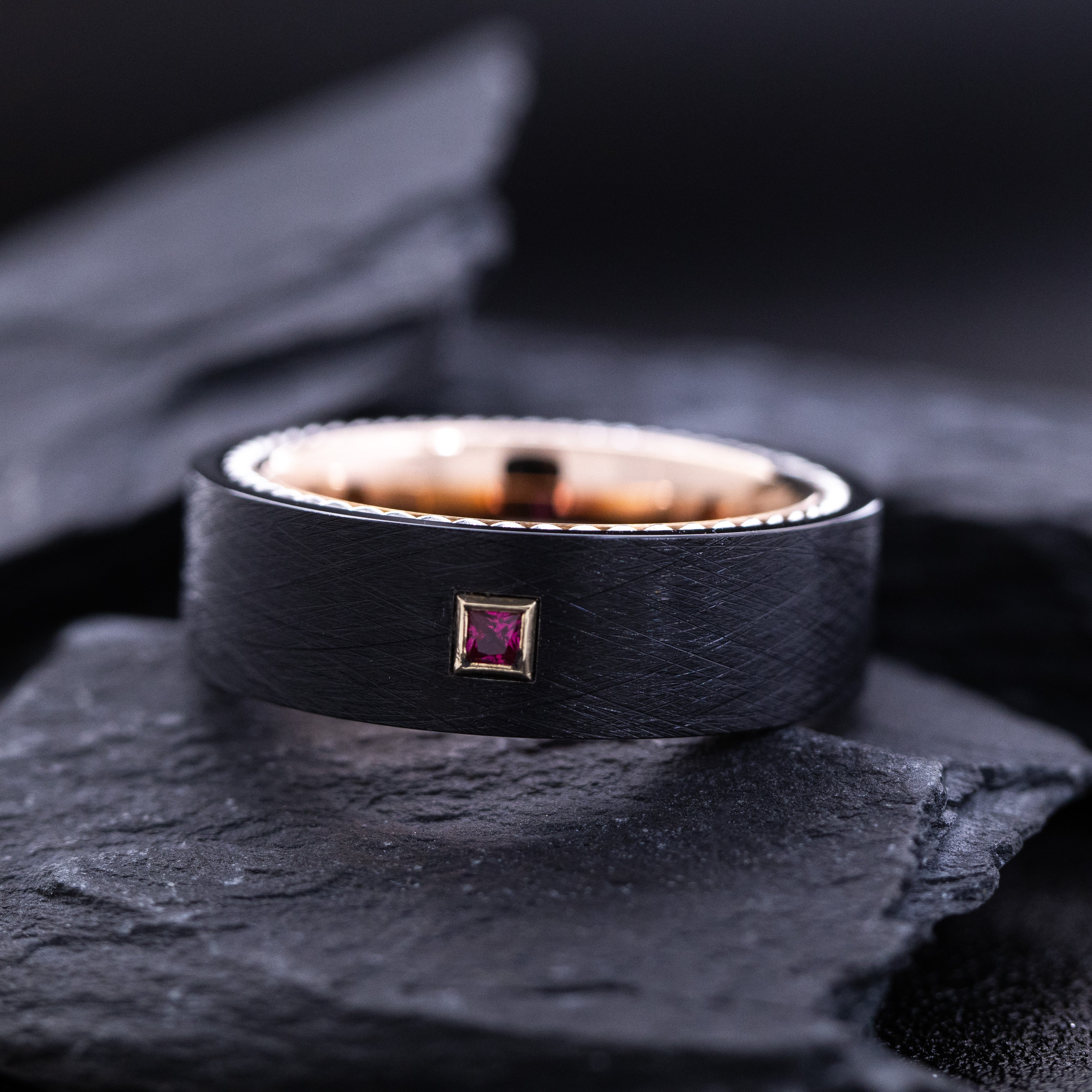8mm Black and Rose Gold Tungsten Ring with Braided Rope and Princess Cut Birthstone