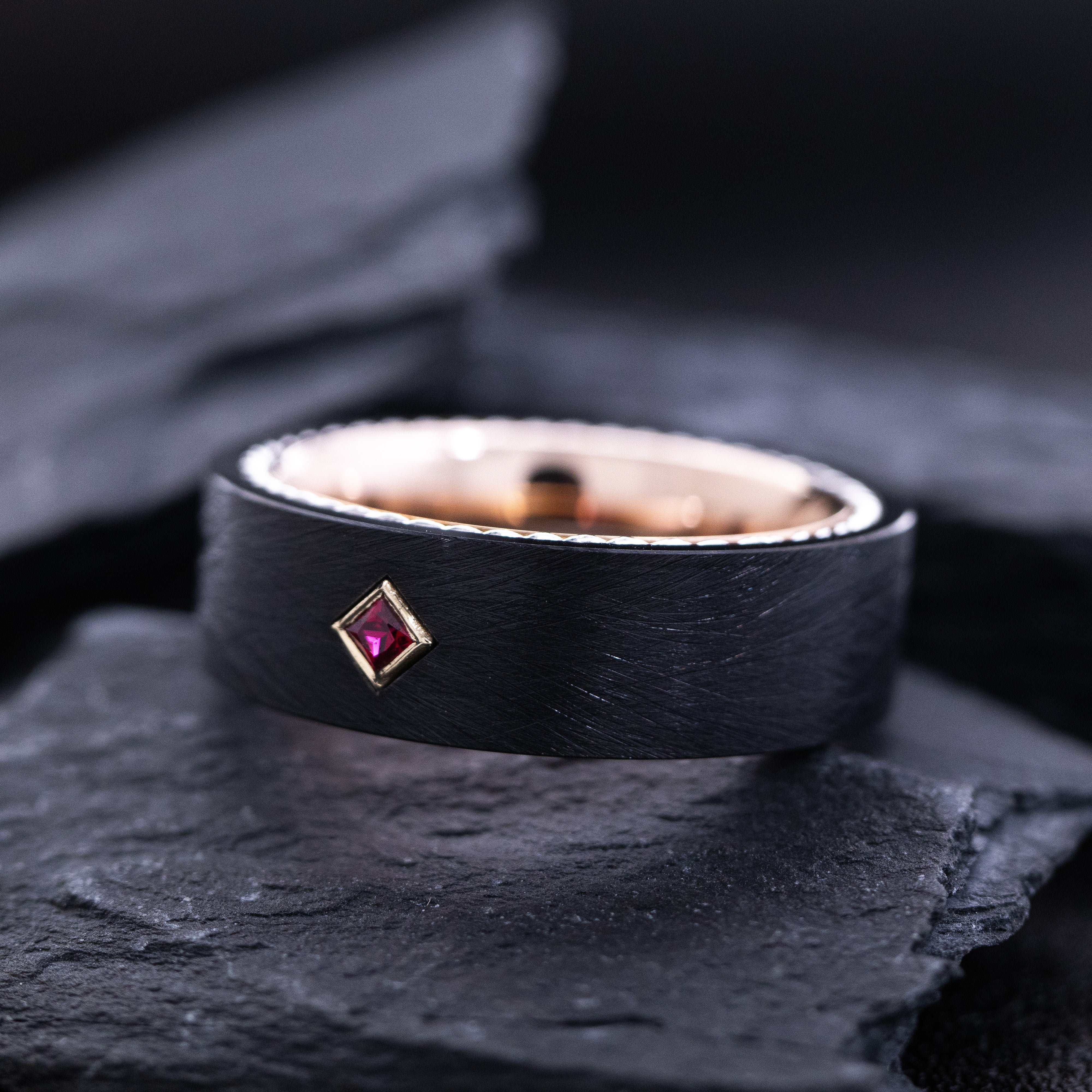 8mm Black and Rose Gold Tungsten Ring with Twisted Rope and Personalized Princess Cut Gemstone