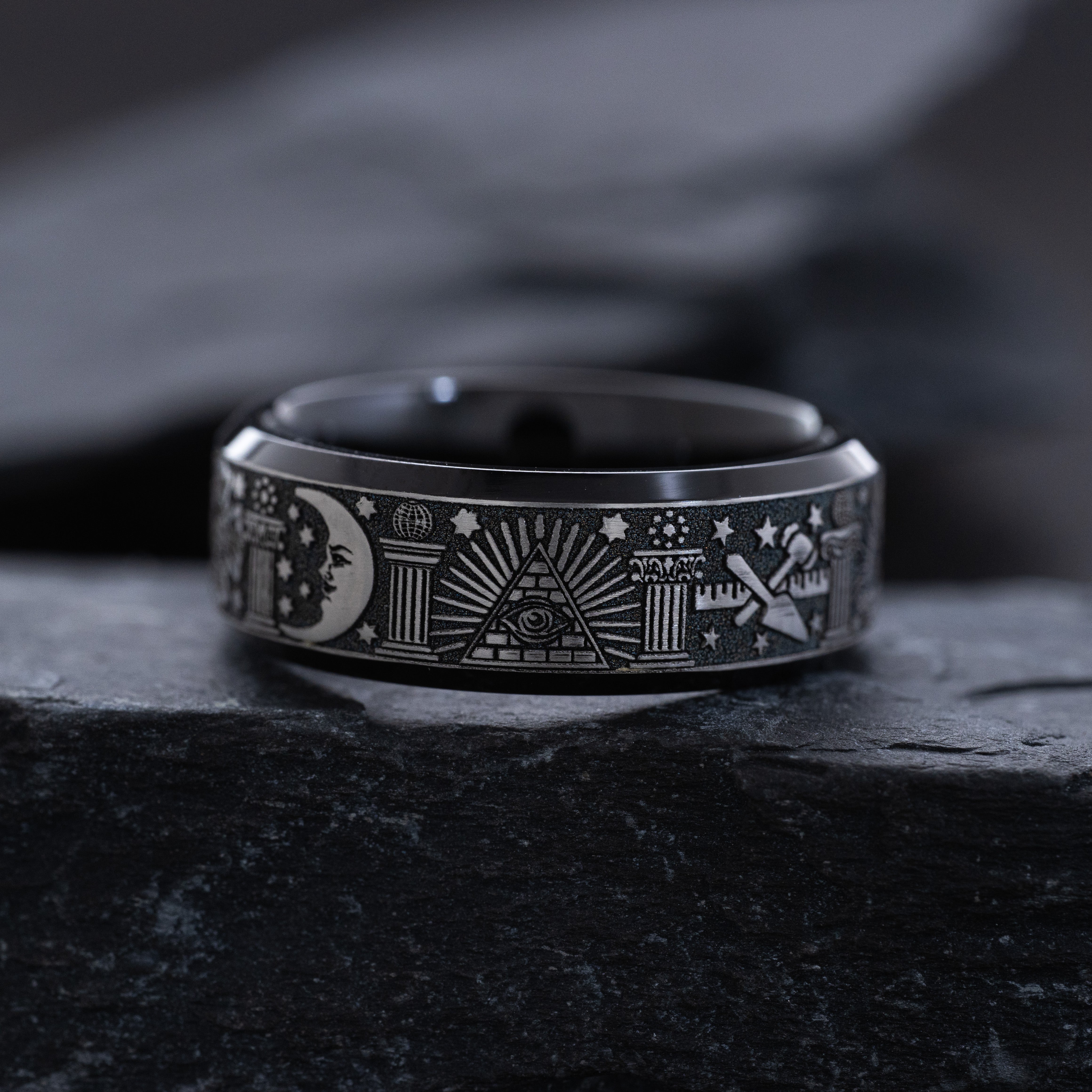 8mm Black Titanium Band with Deep Engraved Masonic Symbols