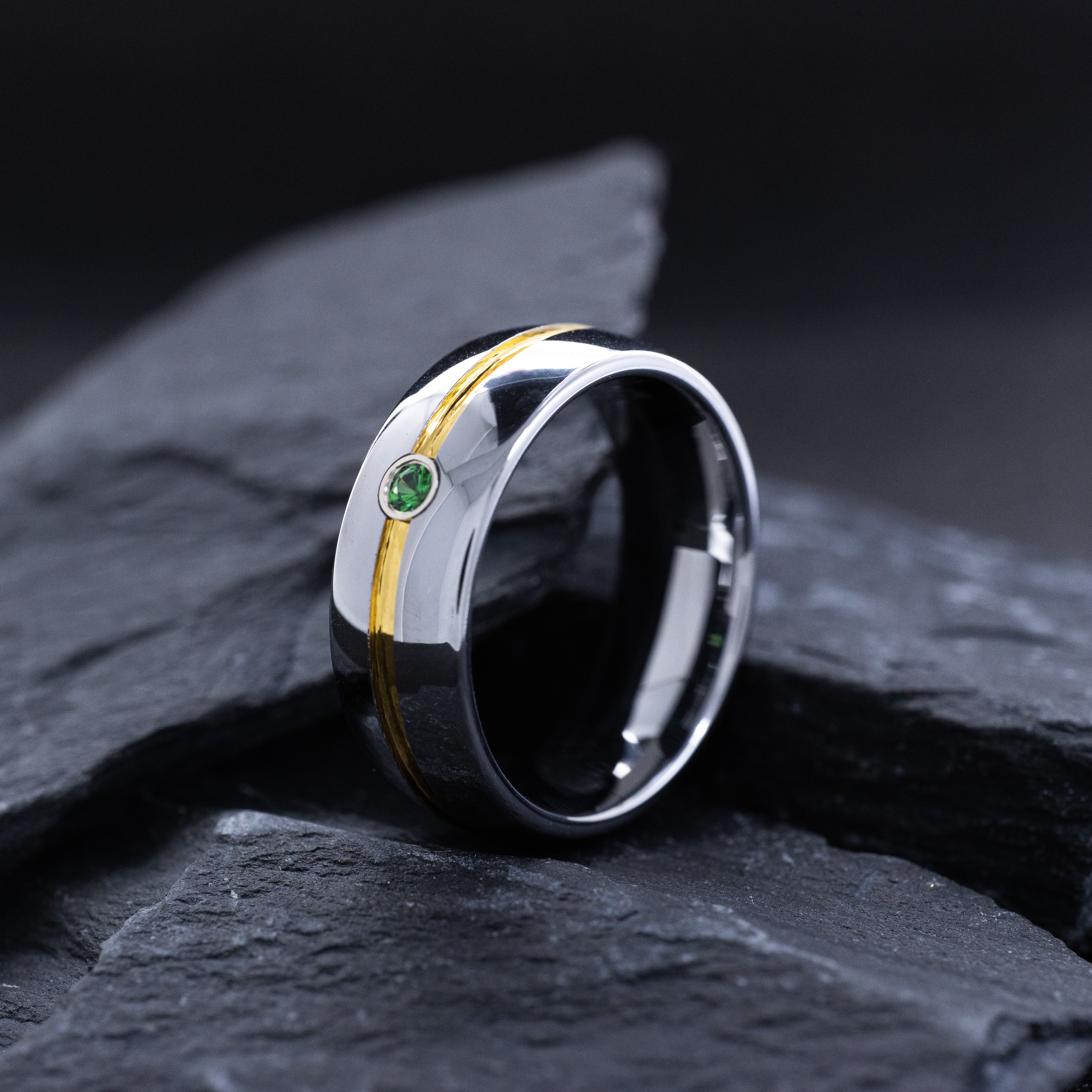 8mm Silver Tungsten Carbide Ring with Yellow Gold Plated Groove and Gemstone