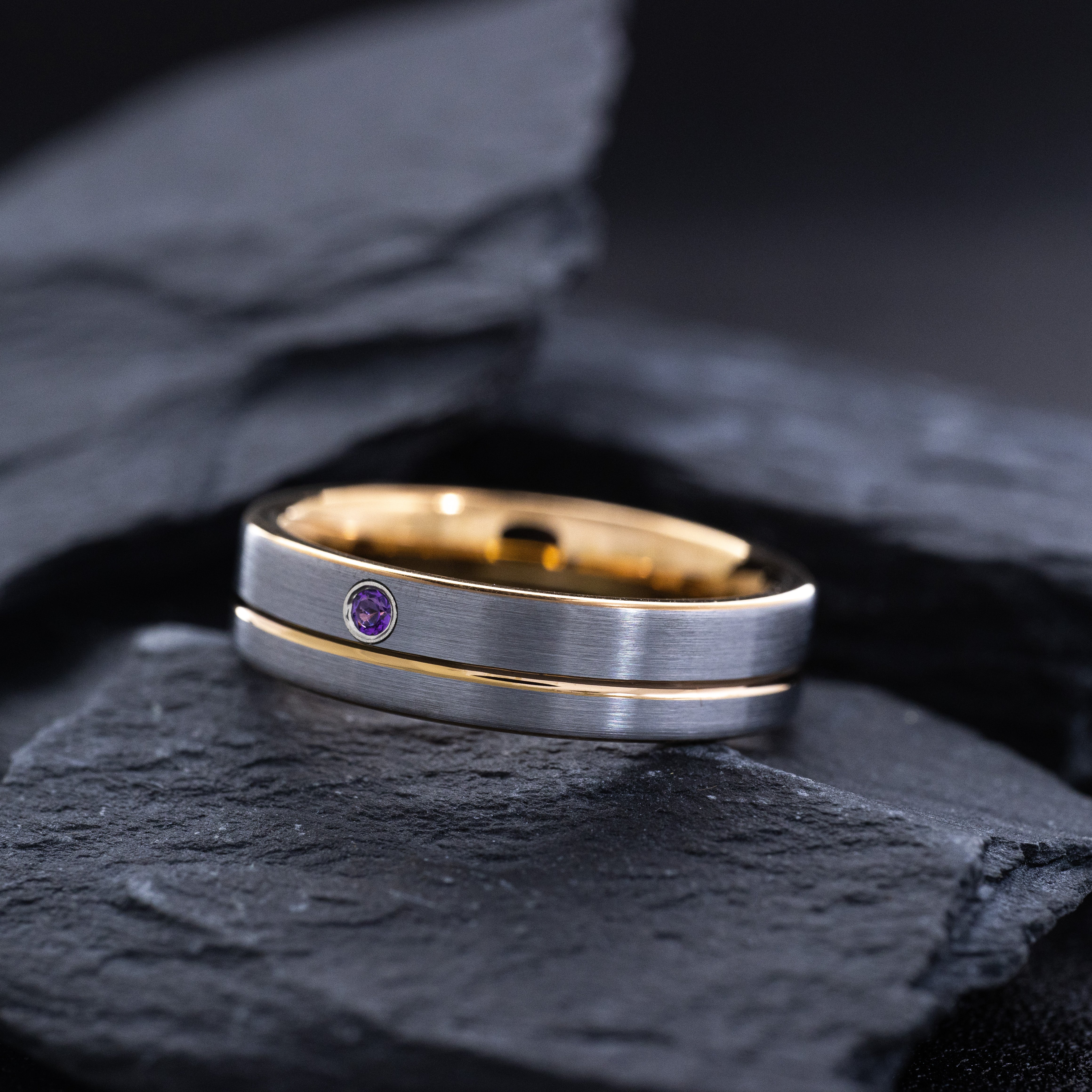 6mm Rose Gold Plated Tungsten Carbide Wedding Band with Groove and Gemstone