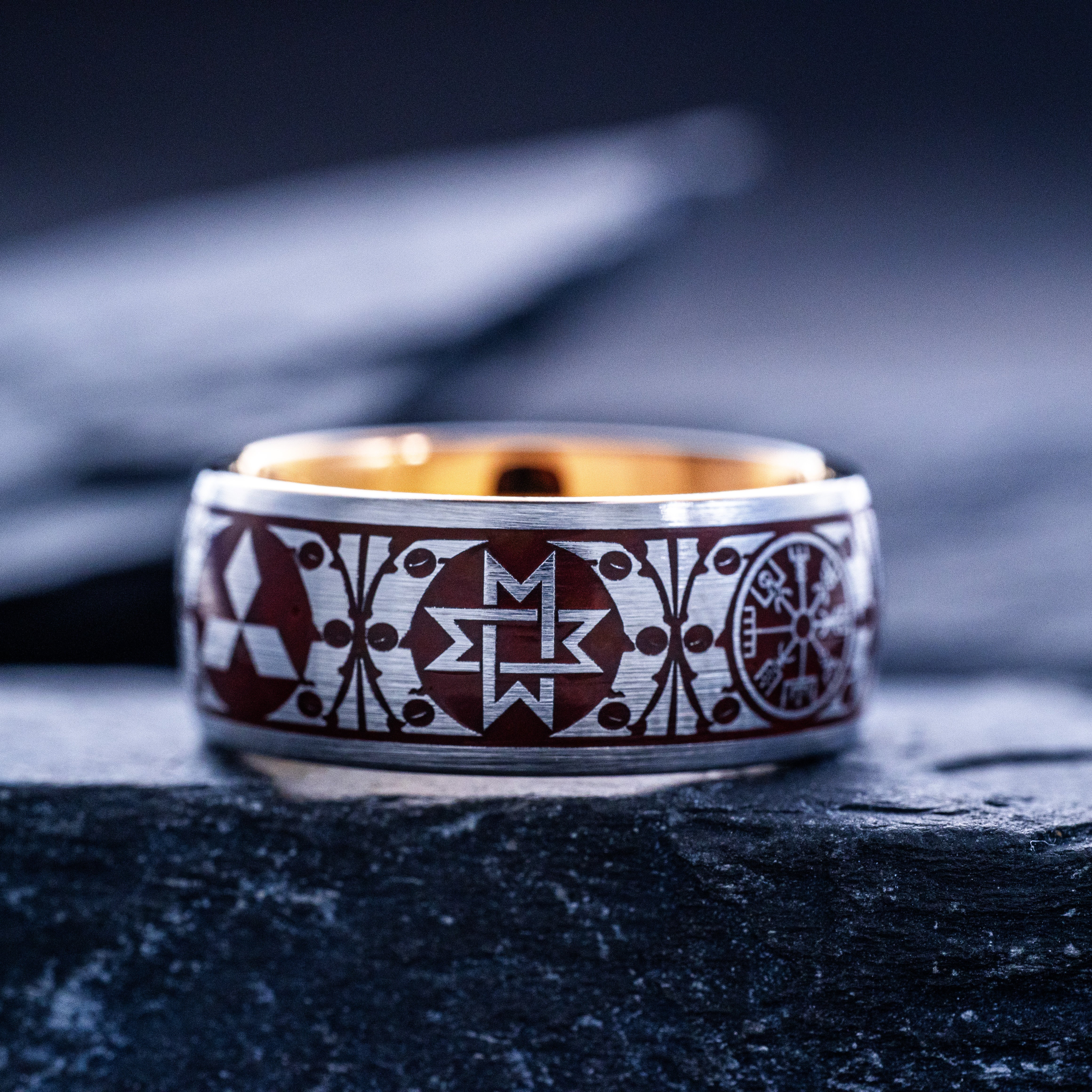 Dark Red Enamel Viking Tungsten Carbide Ring, 9mm Rose Gold Plated Band with Norse Runes and Symbols