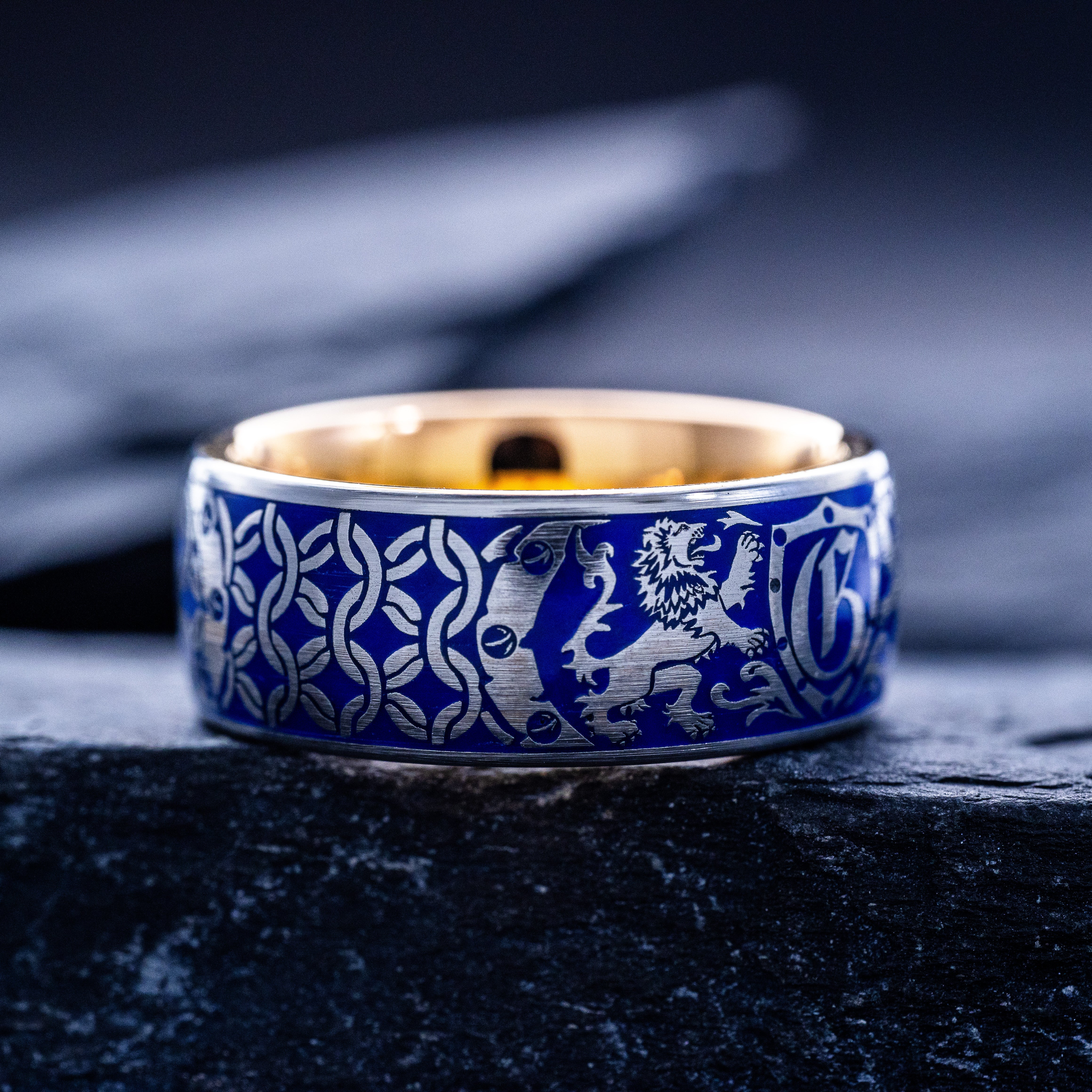 Royal Blue Enamel Medieval Heraldic Initial Ring, 9mm Rose Gold Plated Band with Heraldic Lions and Personalized Initial