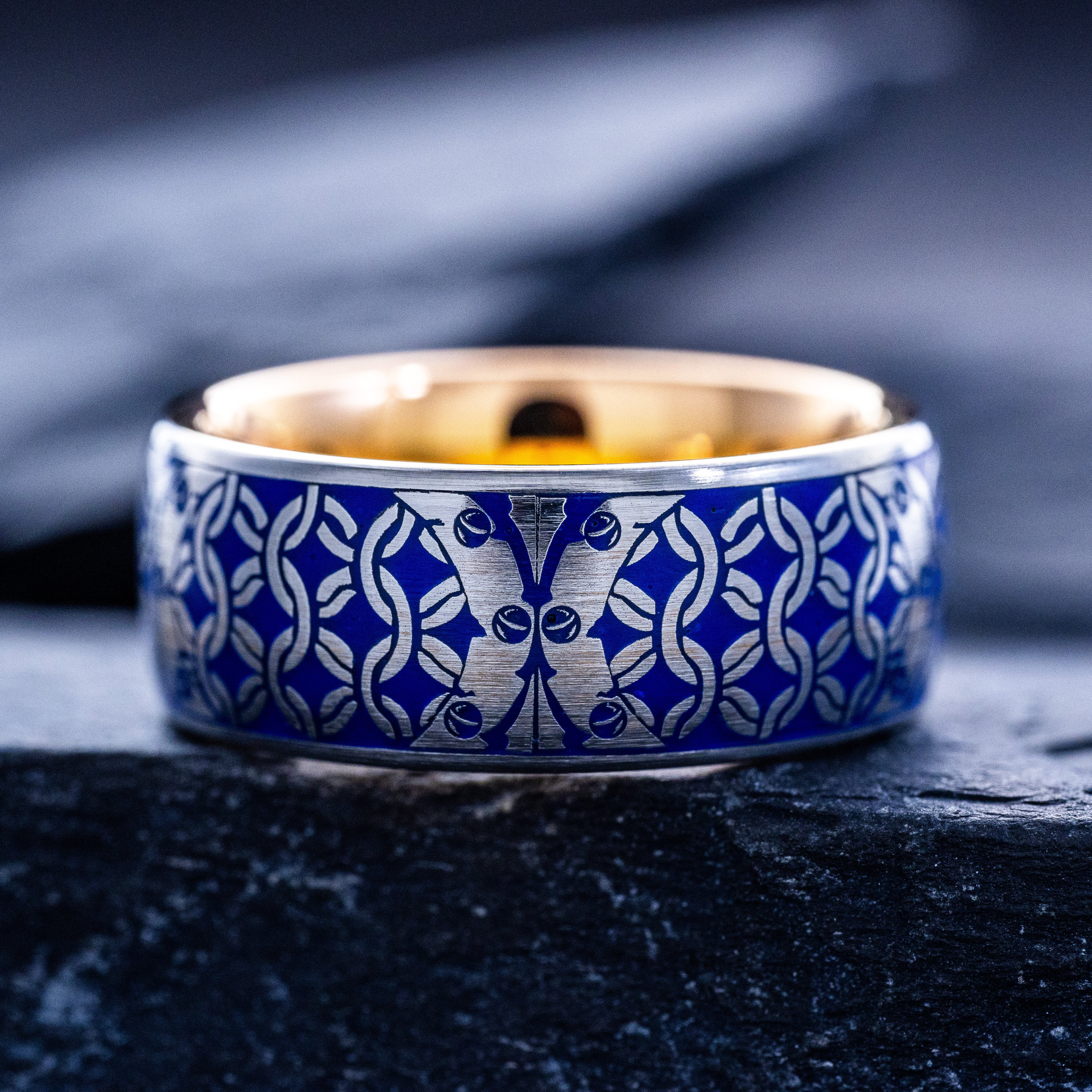 Royal Blue Enamel Medieval Heraldic Initial Ring, 9mm Rose Gold Plated Band with Heraldic Lions and Personalized Initial