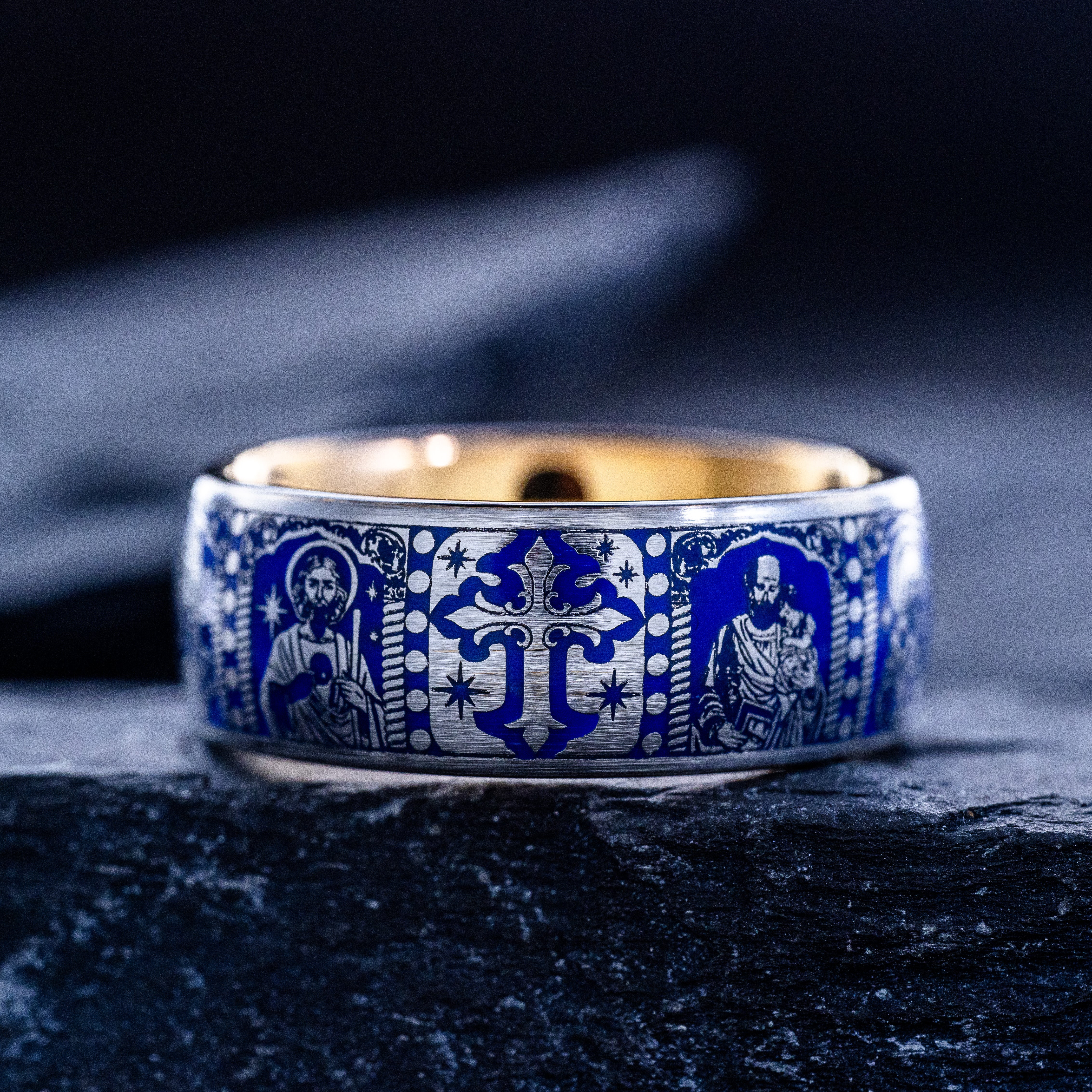 Royal Blue Enamel Christian Saints Ring, 9mm Rose Gold Plated Band with Christ and Several Christian Saints