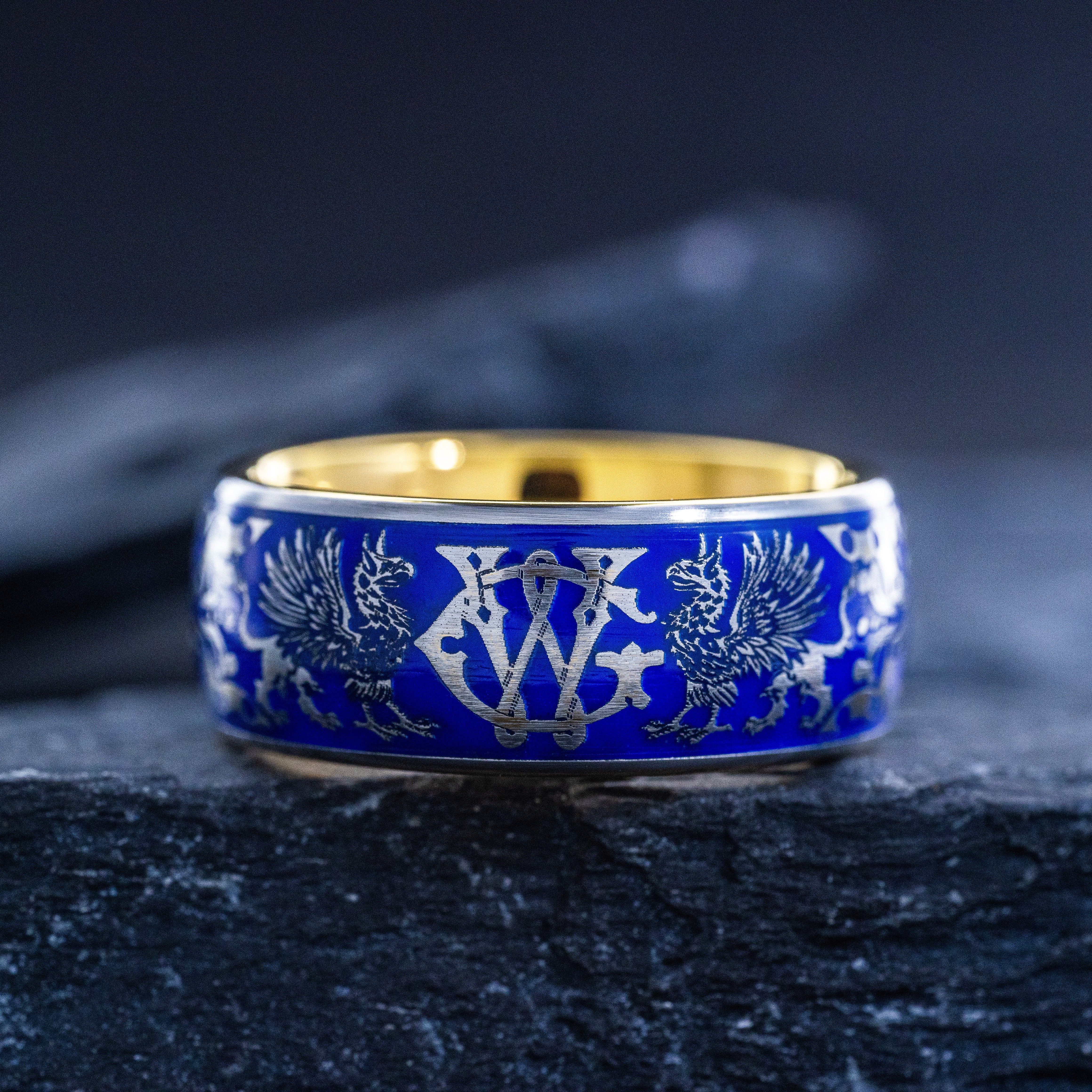 Personalized Monogram with Medieval Griffins and Blue Enamel Ring, 9mm Gold Plated Tungsten Carbide Band