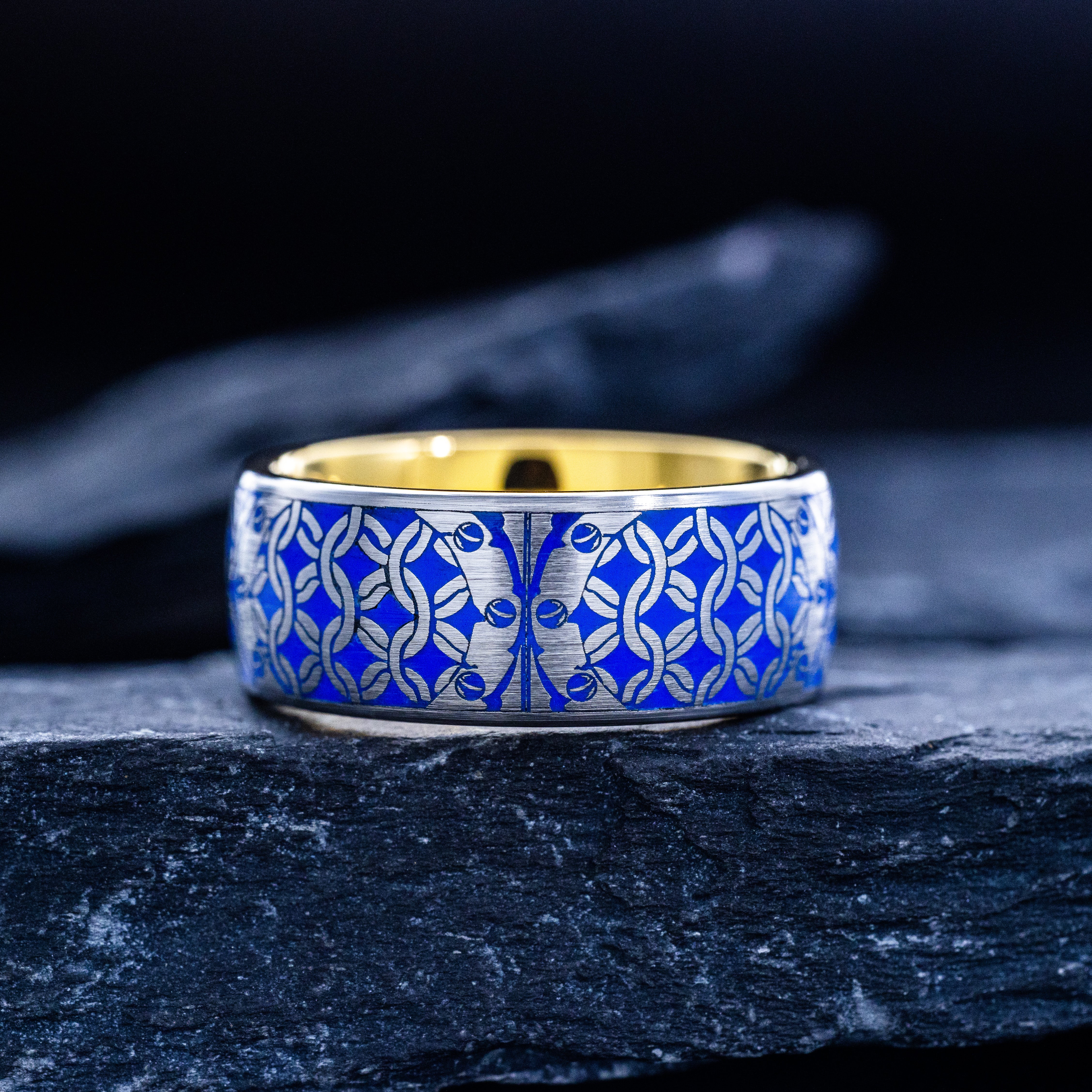 Personalized Monogram with Heraldic Medieval Griffins and Sky Blue Enamel Ring, 9mm Yellow Gold Plated Tungsten Carbide Band