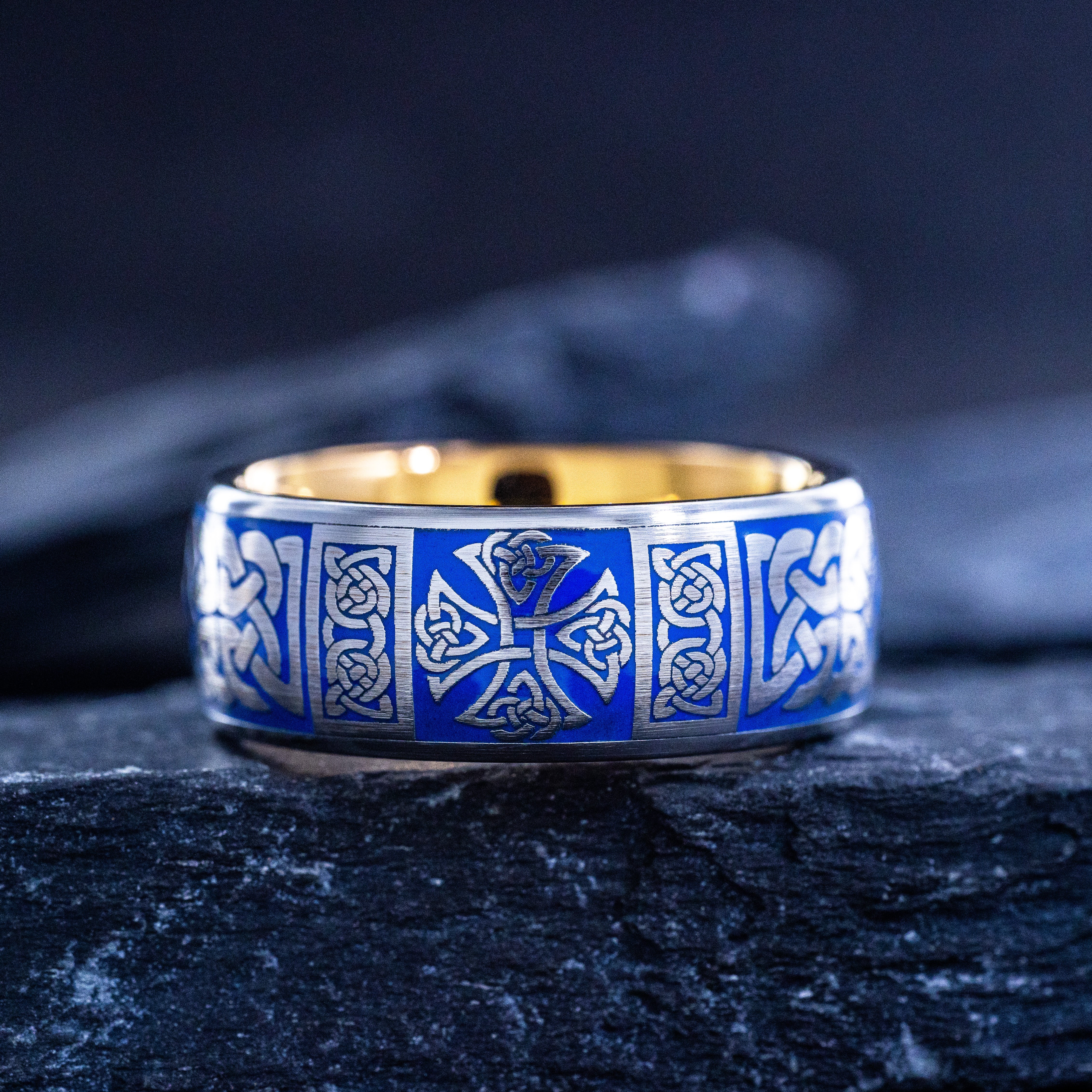 Celtic Cross and Knot Blue Enamel Tungsten Carbide Ring, 9mm Rose Gold Plated Band