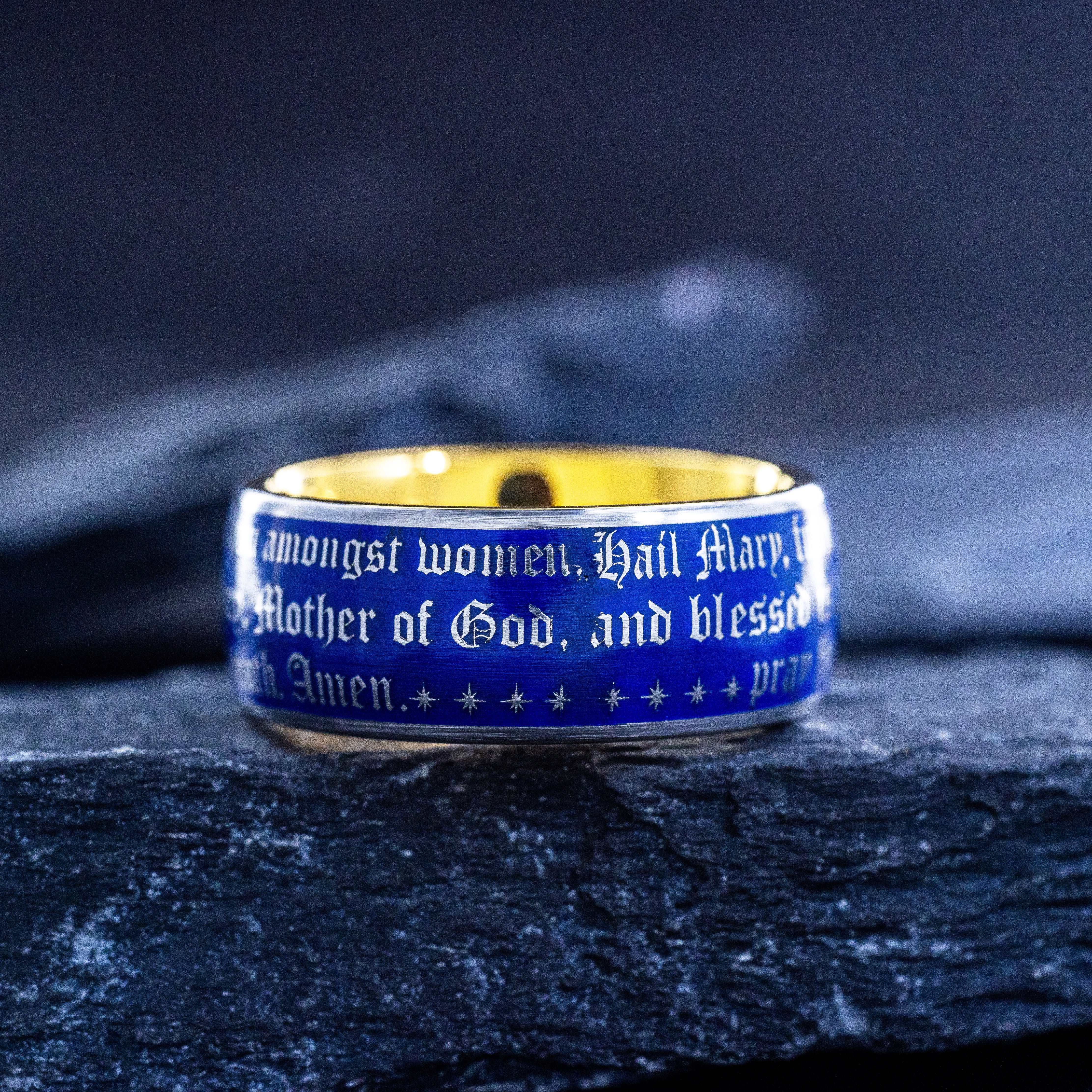 Christian Prayer Blue Enamel Ring, 9mm Yellow Gold Plated Band with the Virgin Mary and Christ