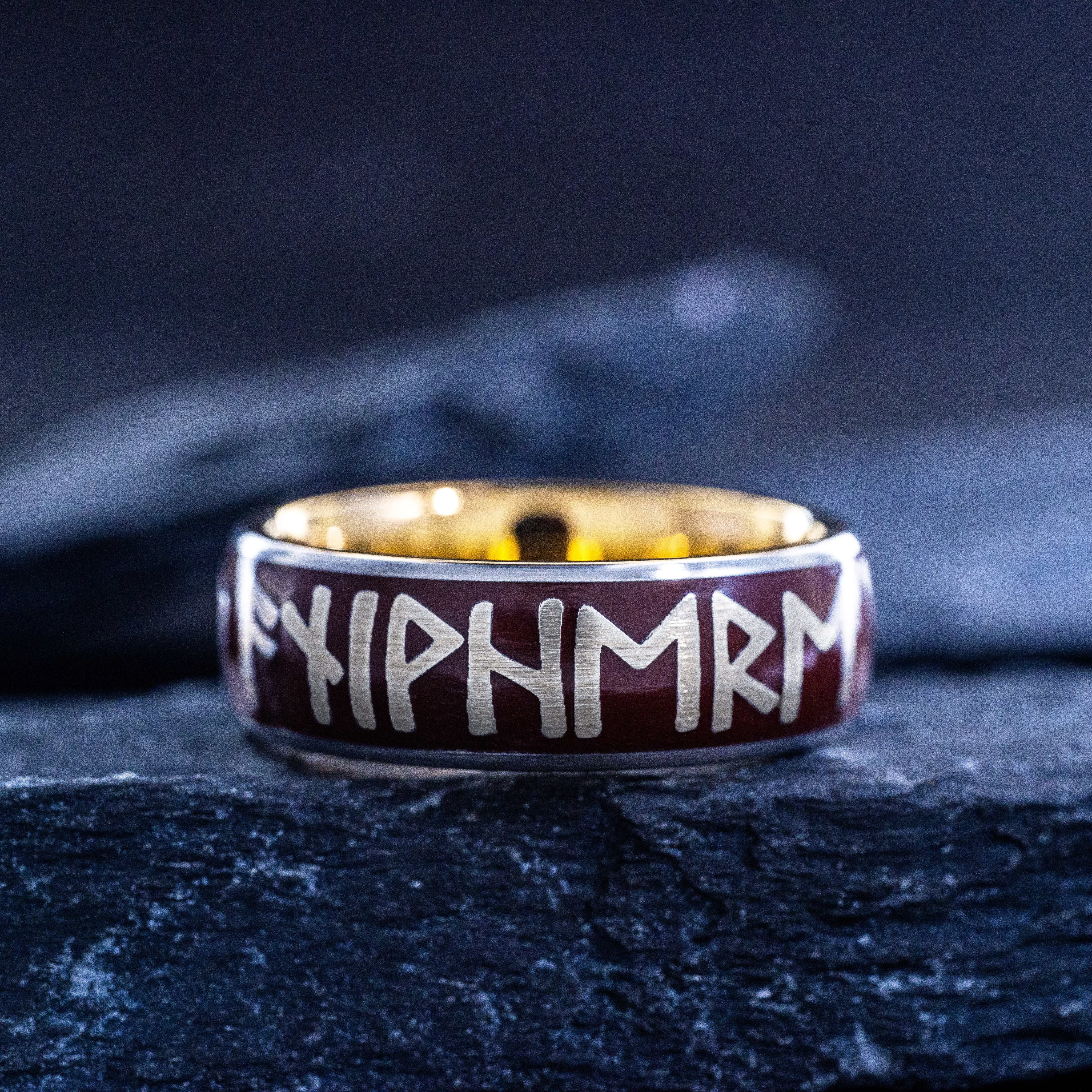 Norse Runes and Red Enamel Tungsten Ring, 8mm Yellow Gold Plated Band