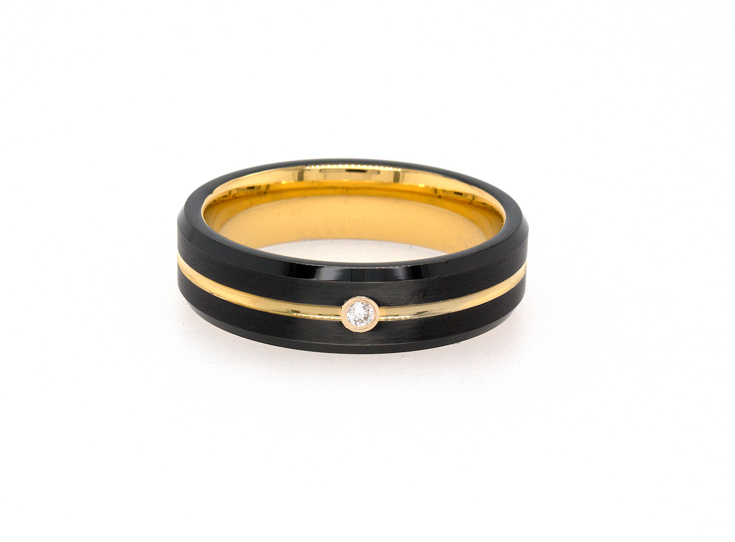 ring, ring on white background, mens wedding band, women's wedding band, 7mm ring, black ring, black plated ring, yellow gold ring, diamond ring, flat shaped ring, ring with groove, diamond wedding band