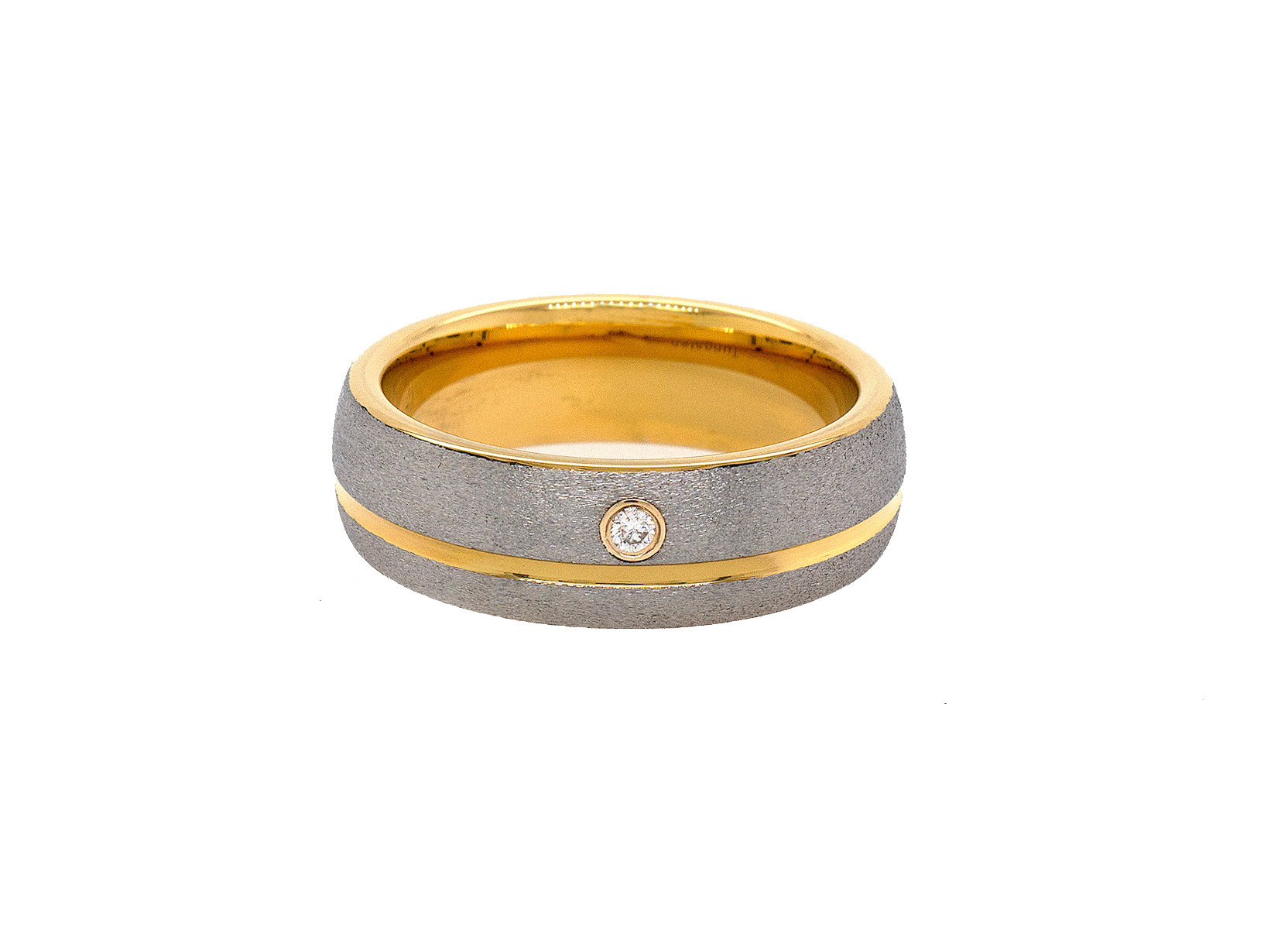 ring, ring on white background, wedding band, mens wedding band, women's wedding band, matte ring, matte wedding band, yellow gold ring, yellow gold plated ring, diamond ring, round shaped diamond, diamond wedding band