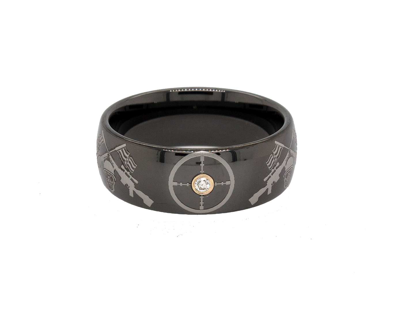 ring, ring in white background, black ring, polished ring, engraved ring, military ring, american flag, gun, target, diamond, diamond ring, diamond wedding band, diamond tungsten ring