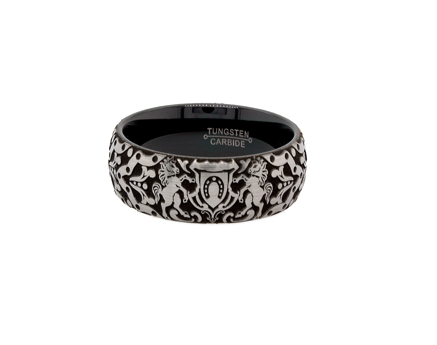 ring, ring on white background, black ring, black plated tungsten, horseshoe ring, ring with horses, medieval ring, wedding band  Edit alt text