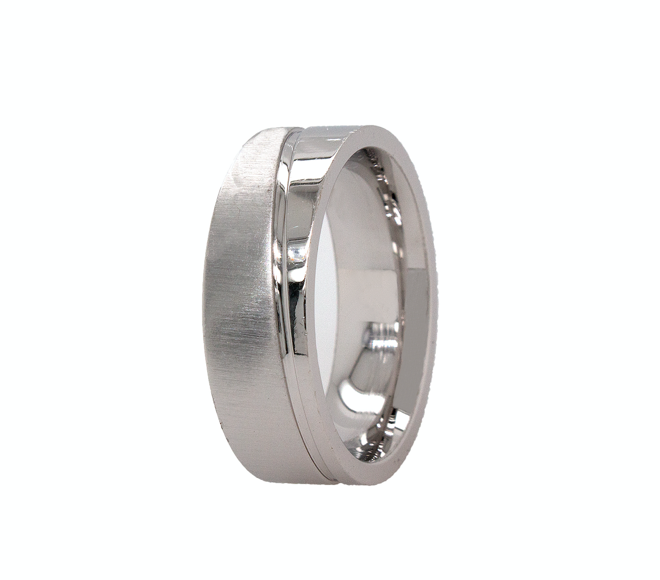 ring, ring on white background, 8mm ring, flat shape ring, grooved ring, curved groove, polished ring, brushed ring, mens wedding band, womens wedding band, promise ring, silver color ring