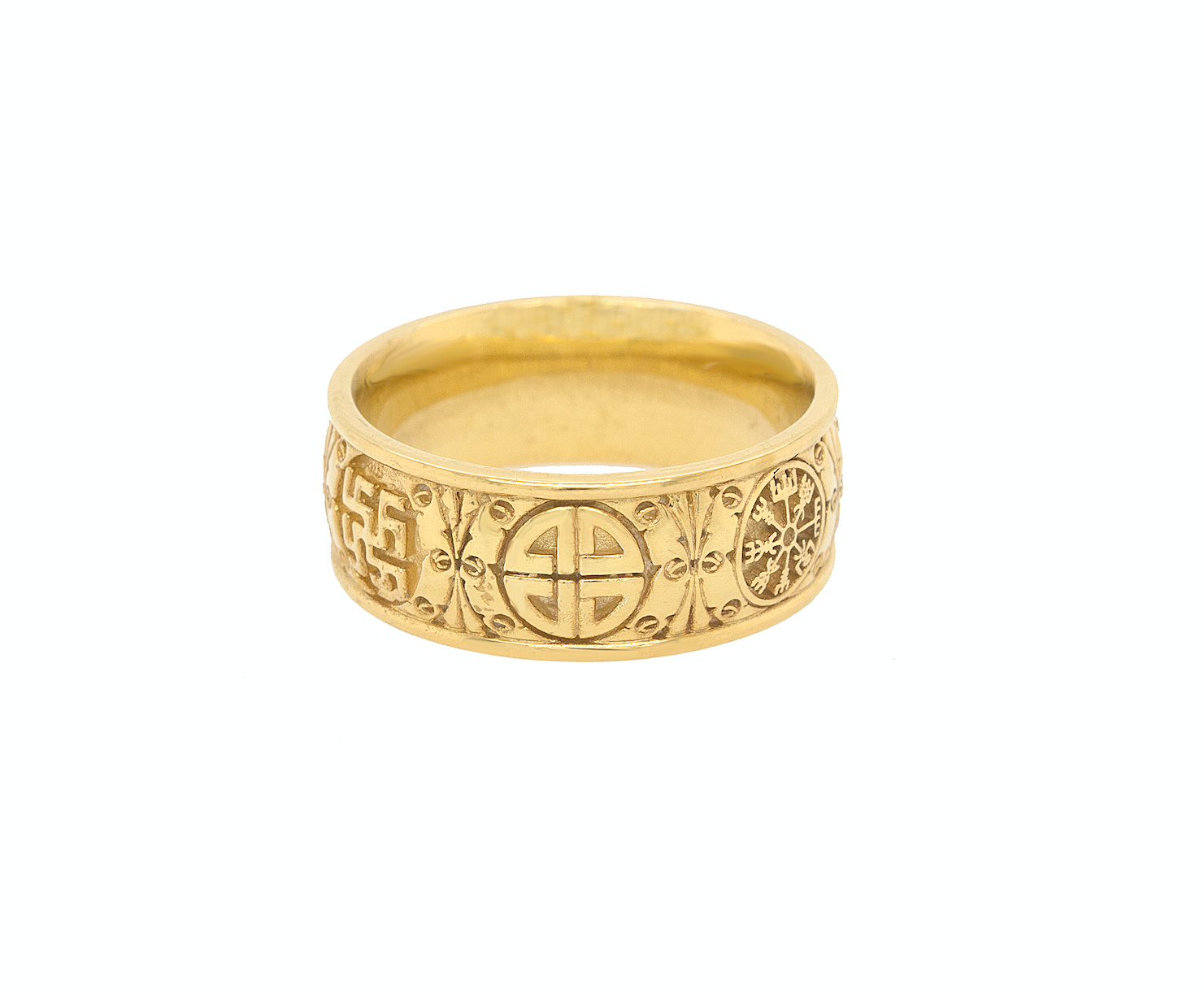 ring, ring on white background, gold ring, solid gold ring, solid yellow gold ring, wedding band, mens wedding band, womens wedding band, viking symbols, 6 symbols, engraved ring, unisex ring