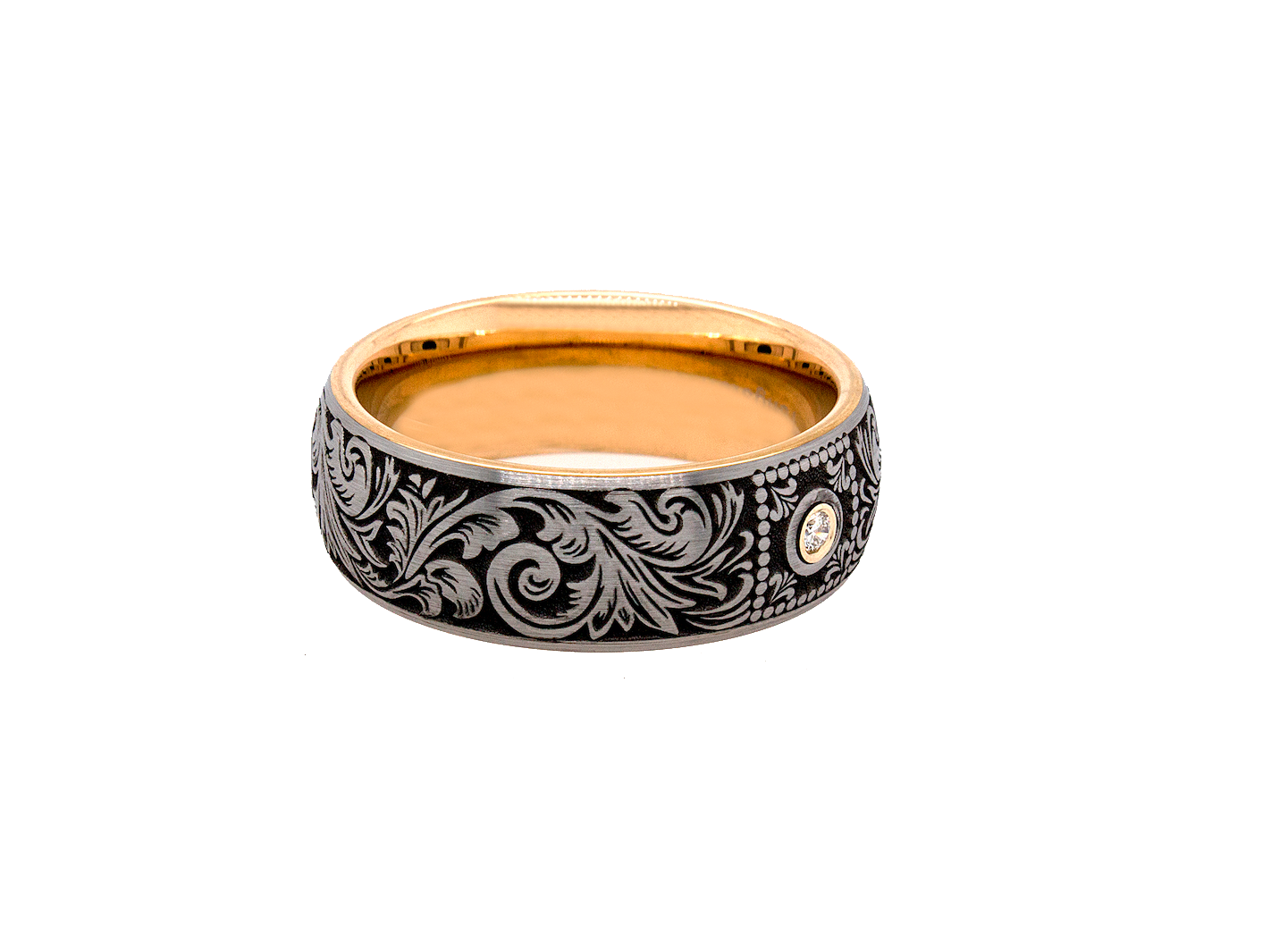 ring, ring with white background, tungsten ring, diamond ring, rose gold plated ring, victorian ring, engraved ring, custom wedding band, diamond wedding ban, round cut diamond, 8mm, 8mm tungsten  Edit alt text