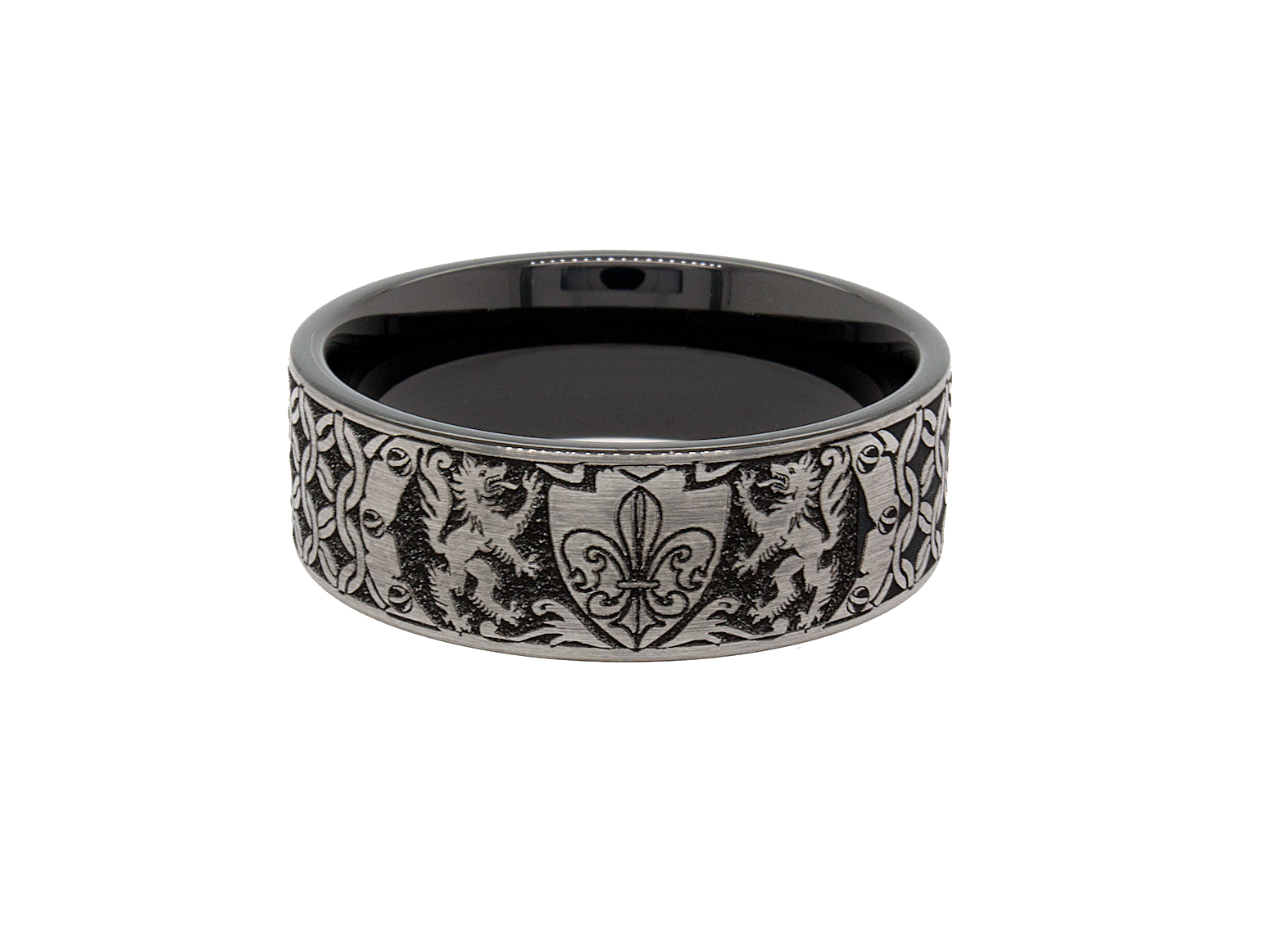 ring, ring on white background, mens wedding band, wedding band, tungsten ring, black and silver ring, engraved ring, ring with wolves, ring with shield, ring with flor de lis, flor de lis, custom ring, personalized ring, medieval ring, medieval designs
