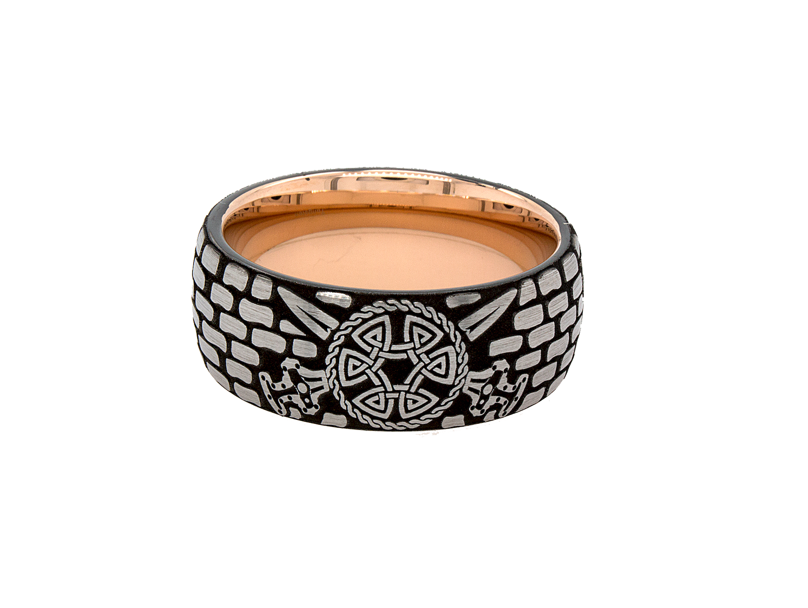 ring, ring with white background, rose gold ring, tungsten ring, brick pattern ring, rose gold plated ring, viking ring, viking shield, viking swords, viking axes, ax ring, custom ring, engraved ring, 8mm ring, wedding band
