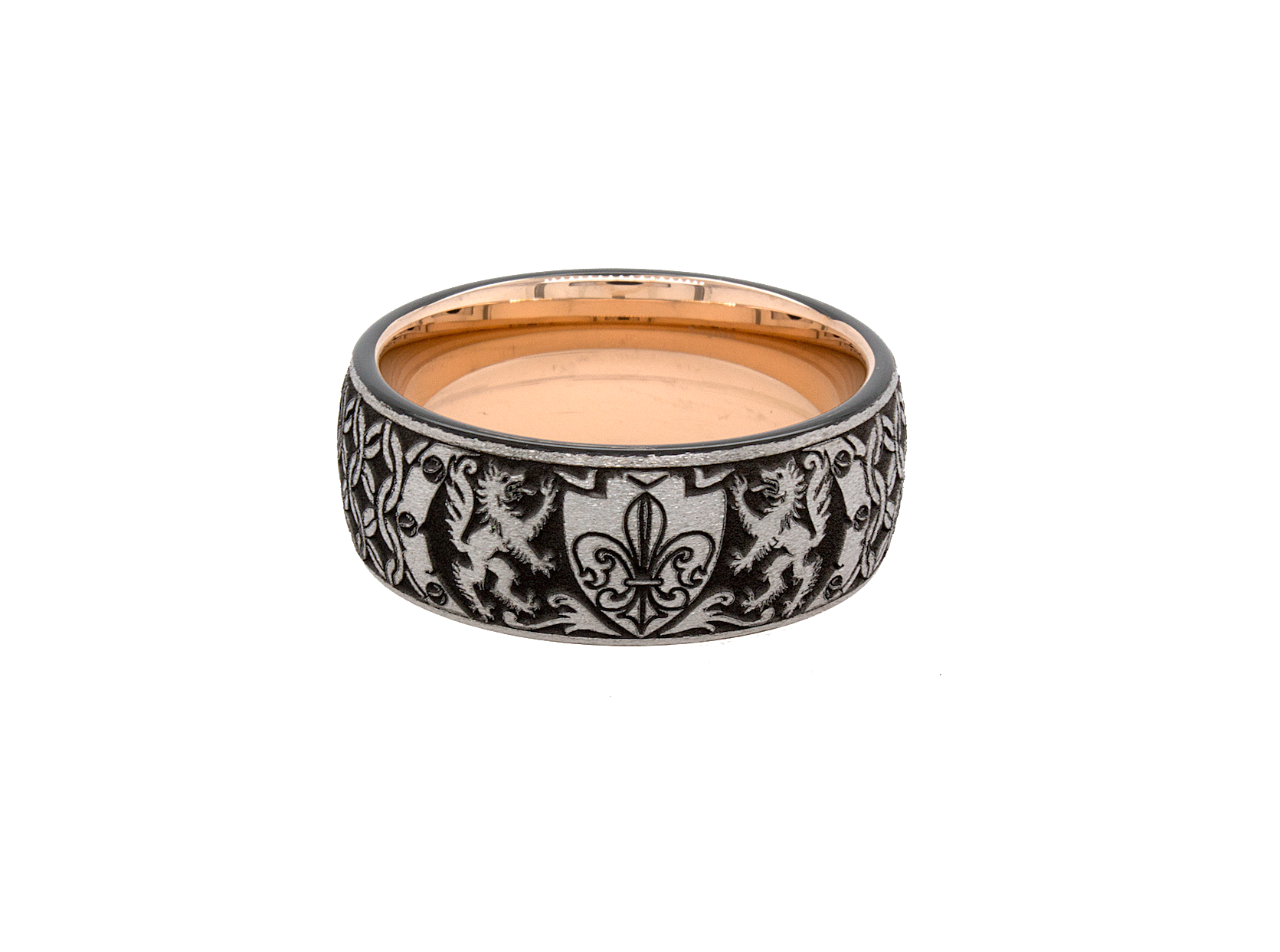 tungsten ring, wedding band, mens wedding band, women's wedding band, tungsten ring with rose gold plated interior, rose gold plated ring, fleur de lis ring, engraved ring, engraved wedding band, custom wedding band, personalized ring, mens wedding band, women's wedding band, rose gold ring, ring with shield, ring with wolves, wolf engraving  Edit alt text