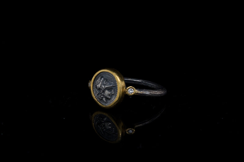 24k Gold and Silver Handmade Ring Featuring Athena with Diamonds