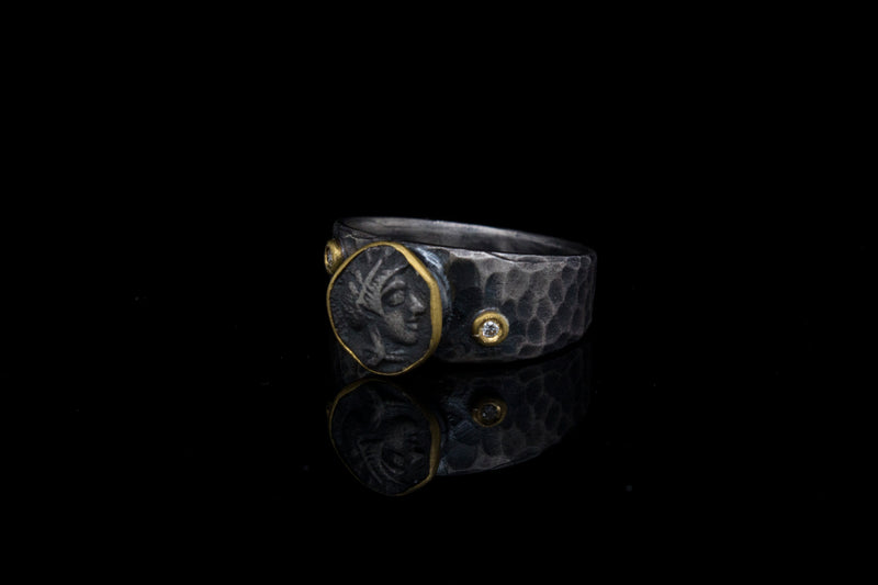 24K Gold and Silver Handmade Hammered Ring Featuring Athena with Diamonds