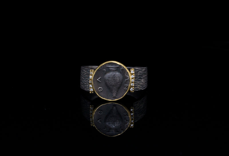 24k Gold and Silver Handmade Ring Featuring a Roman Amphora With Diamonds