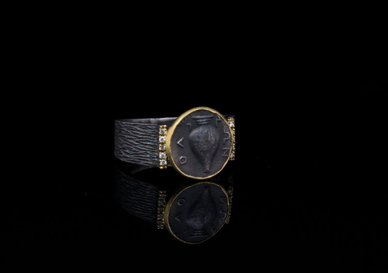 24k Gold and Silver Handmade Ring Featuring a Roman Amphora With Diamonds