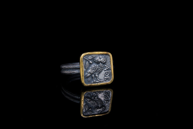 24k Gold and Silver Handmade Ring Featuring the Owl of Athena