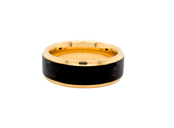 ring, ring on white background, tungsten ring, brushed tungsten ring, yellow gold plated ring, ring with stepped edges, brushed black exterior, polished yellow gold plated interior and edges, wedding band, mens wedding band, women's wedding band