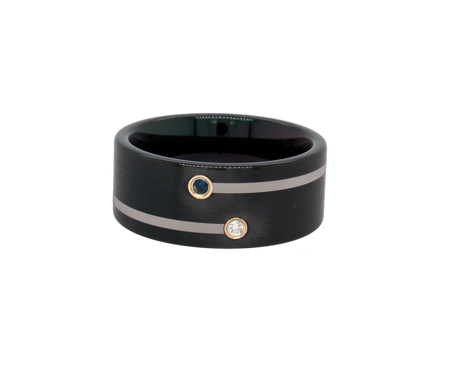 ring, ring on white background, black wedding band, black plated ring, ring with silver lines, ring with gemstones, gemstone ring, sapphire ring, diamond ring, wedding band for men, women's wedding band, personalized ring, personalized tungsten ring, pipe cut ring, black ring, brushed ring