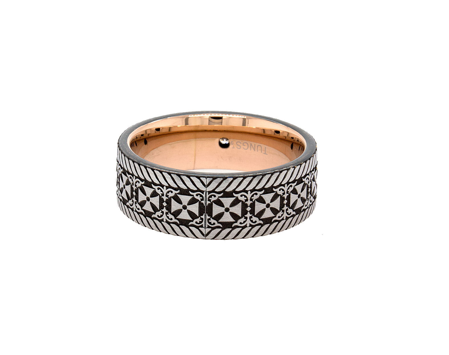 ring, ring on white background, rose gold plated ring, ring with crosses, cross ring, diamond ring, ring with diamonds, ring with crosses, flat shaped ring, mens wedding band, women's wedding band, custom wedding band, personalized wedding band, custom ring, gemstone ring