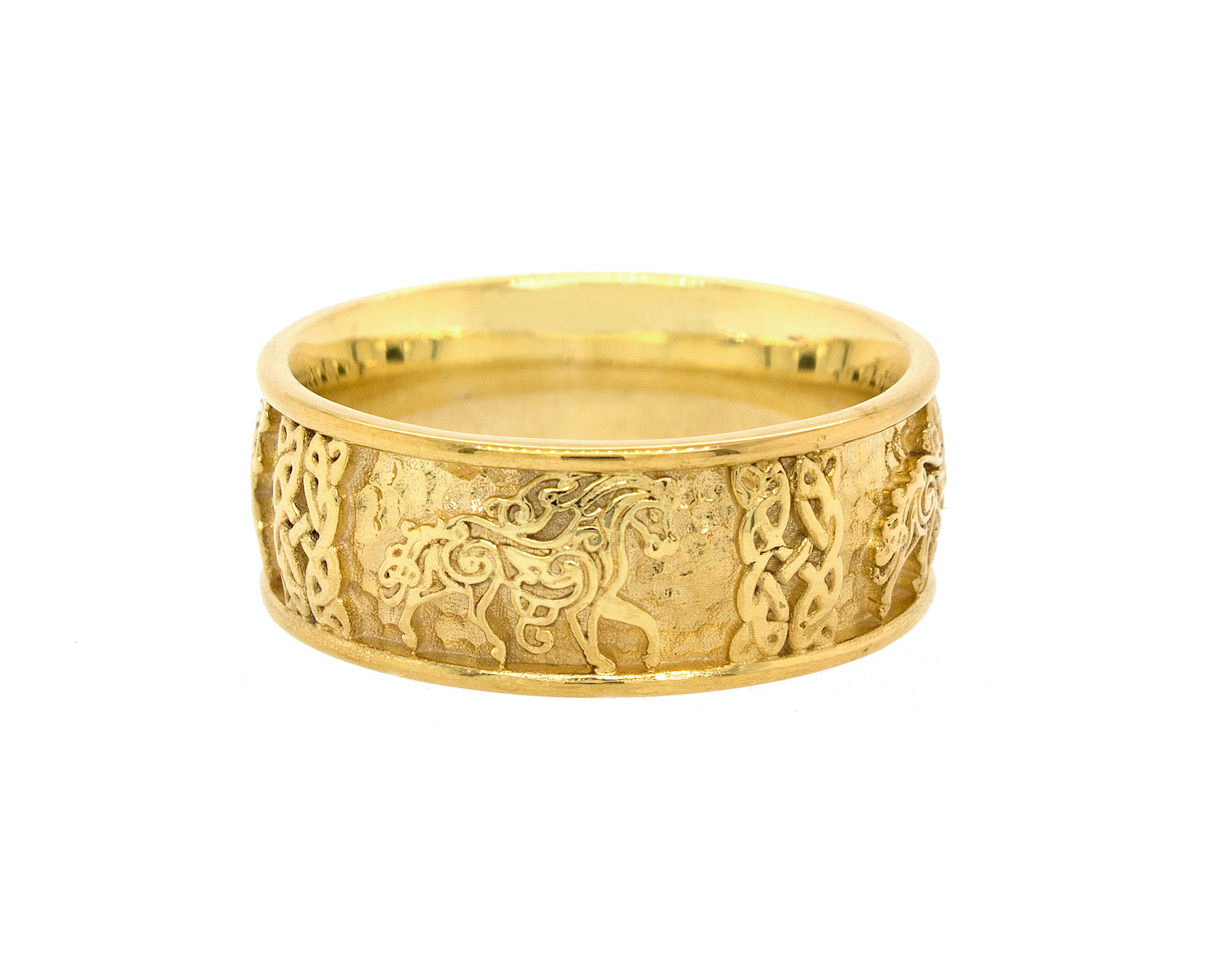 ring, ring on white background, gold ring. solid gold ring, mens ring, womens ring, yellow gold ring, horse ring, celtic ring, celtic knot ring, wedding band, 8mm ring