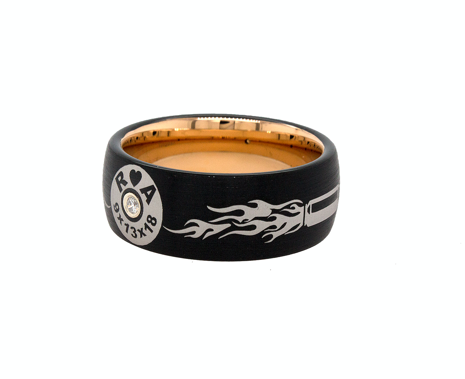 ring, ring on white background, rose gold plated tungsten, diamond wedding band, personalized ring, personalized initial ring, ring with initials, military ring, military engraving, meaningful jewelry, wedding band for men, wedding band for women