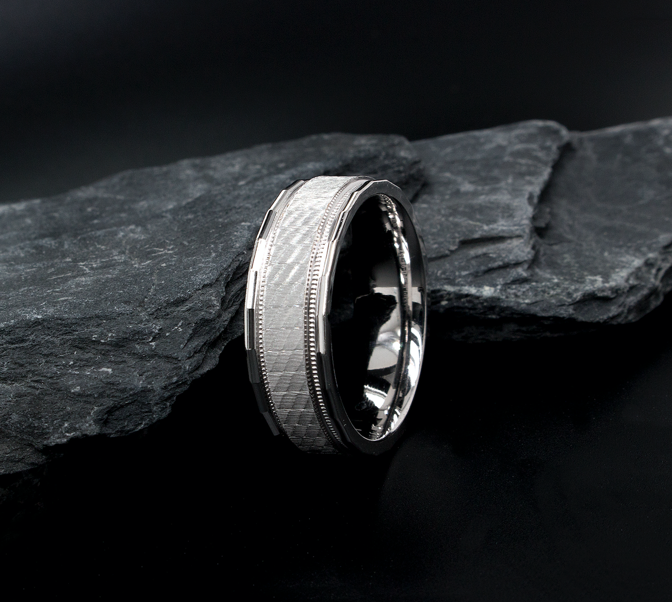 ring, ring on white background, 8mm ring, flat shaped ring, solid gold ring, white gold ring, mens wedding band, womens wedding band, unisex ring, shimmery pattern, milgrain engraving, unisex ring, stackable ring