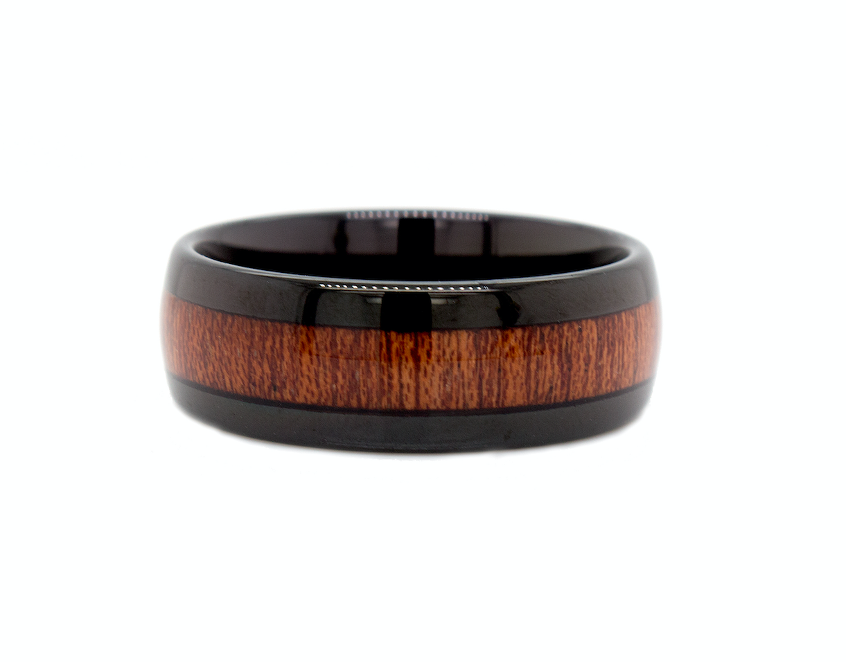 ring, ring on white background, black ring, dome shaped ring, wooden ring, wooden wedding band, black plated ring, polished ring, mens wedding band, women's wedding band