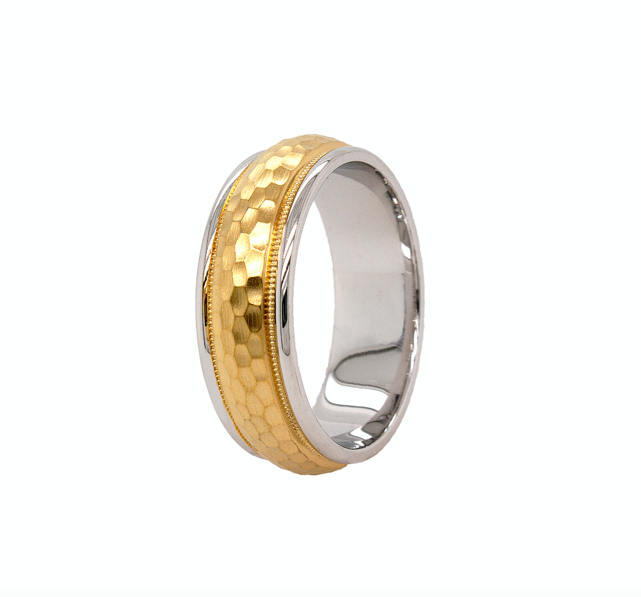 ring, ring on white background, domed ring, solid gold ring, hammered ring, wedding band, unisex ring, stackable ring, textured ring, two toned ring, solid yellow gold ring, white gold ring, 8mm ring