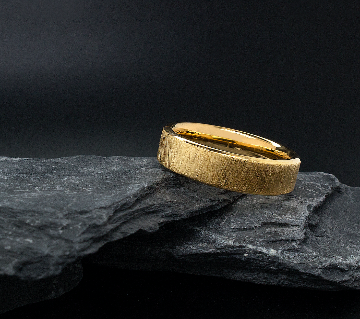 7mm ring, solid yellow gold ring, flat shaped ring, scratched ring, textured ring, brushed ring, wedding band, unisex ring, natural brushed ring