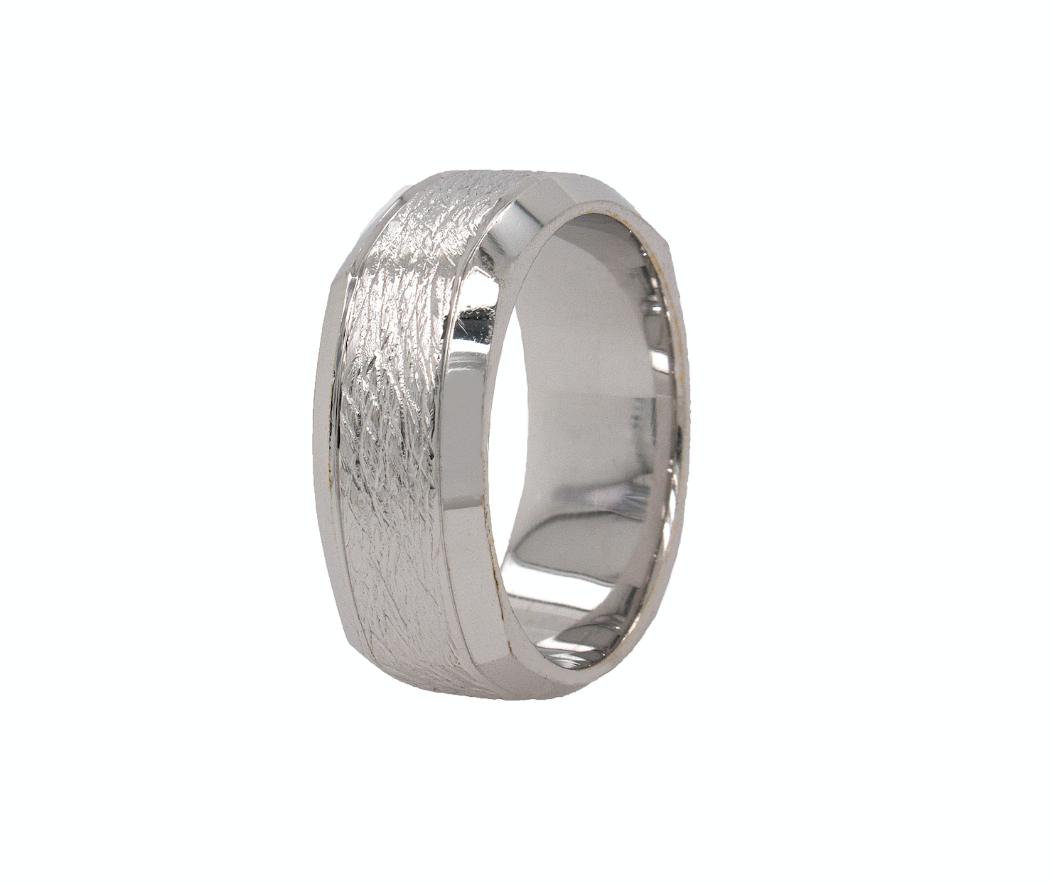 hexagon shaped ring, ring, white gold ring, mens ring, womens ring, wedding band, custom ring, scratched texture, textured ring, polished ring, unisex ring, solid white gold ring, 8mm width, beveled edges 