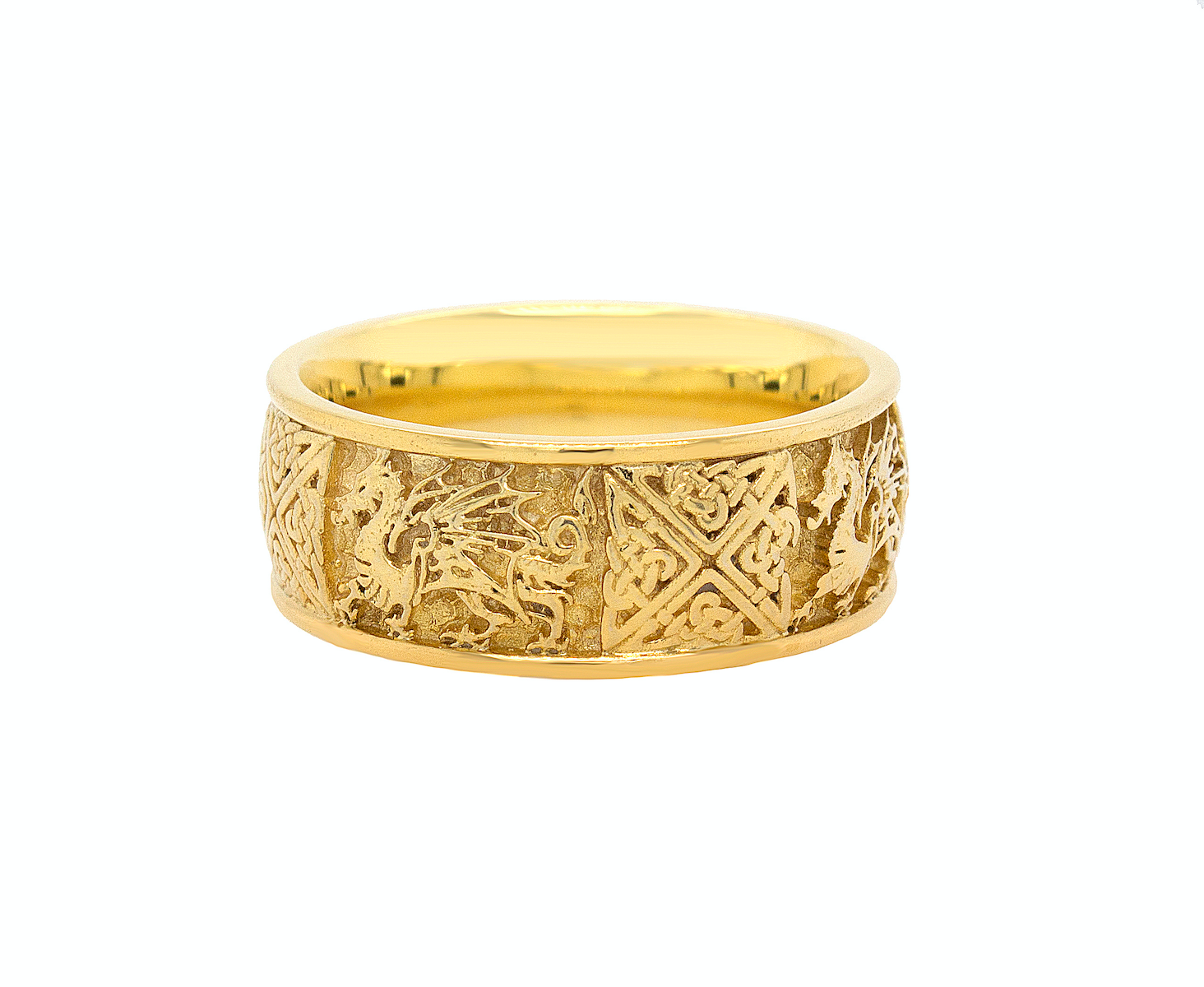 ring, ring on white background, gold ring, yellow gold ring, mens ring, women's ring, wedding band, solid gold ring, yellow gold ring, 8mm ring, engraved ring, custom gold ring, celtic ring, nordic ring, celtic knot ring, celtic dragon ring, dragon ring