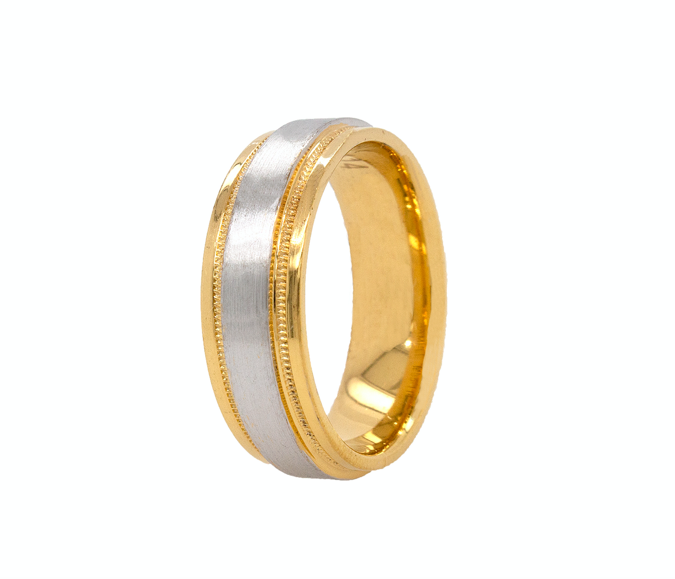 ring, ring on white background, mens rings, womens ring, unisex ring, two toned ring, yellow gold and white gold ring, brushed center, polished edges and interior, migrain engraving, stepped edges, wedding band, mens wedding band, womens wedding band, minimalist ring